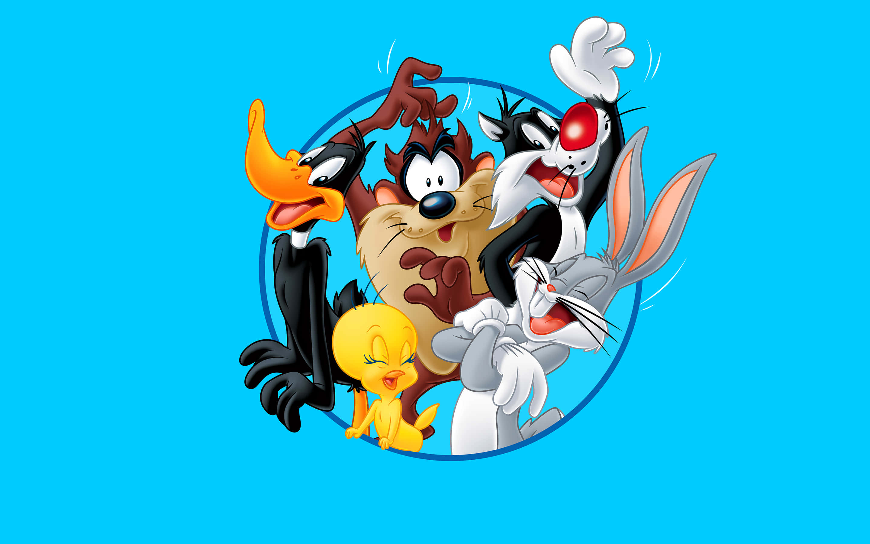 樂一通 桌布 壁紙 — 經典 Looney Tunes 角色如賓尼兔、達菲鴨和翠兒鳥在純藍色背景前充滿活力地擺姿勢。