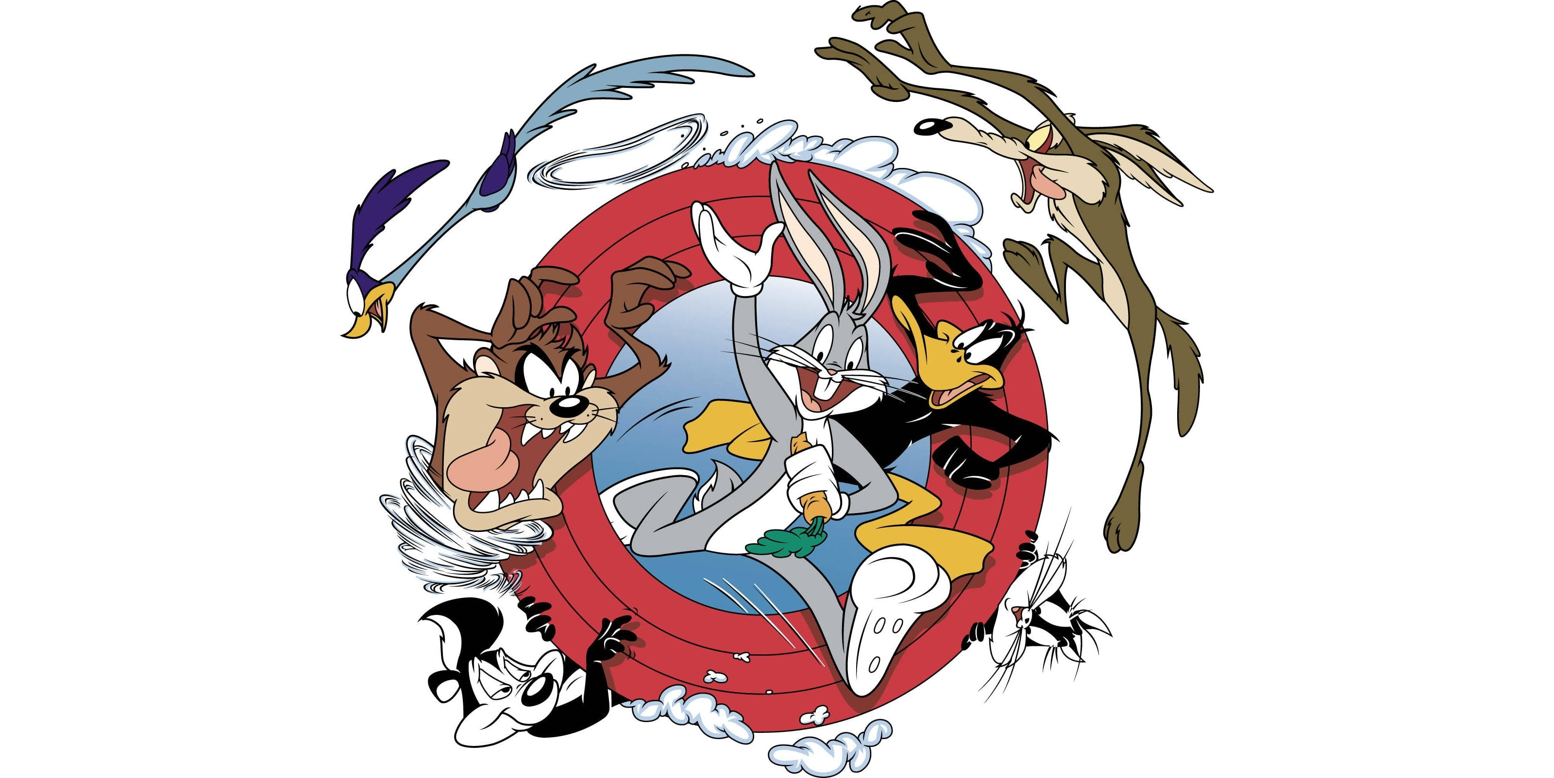 卡通頻道角色 桌布 壁紙 — 經典 Looney Tunes 角色如賓尼兔和達菲鴨被捲入混亂的動作旋風中。