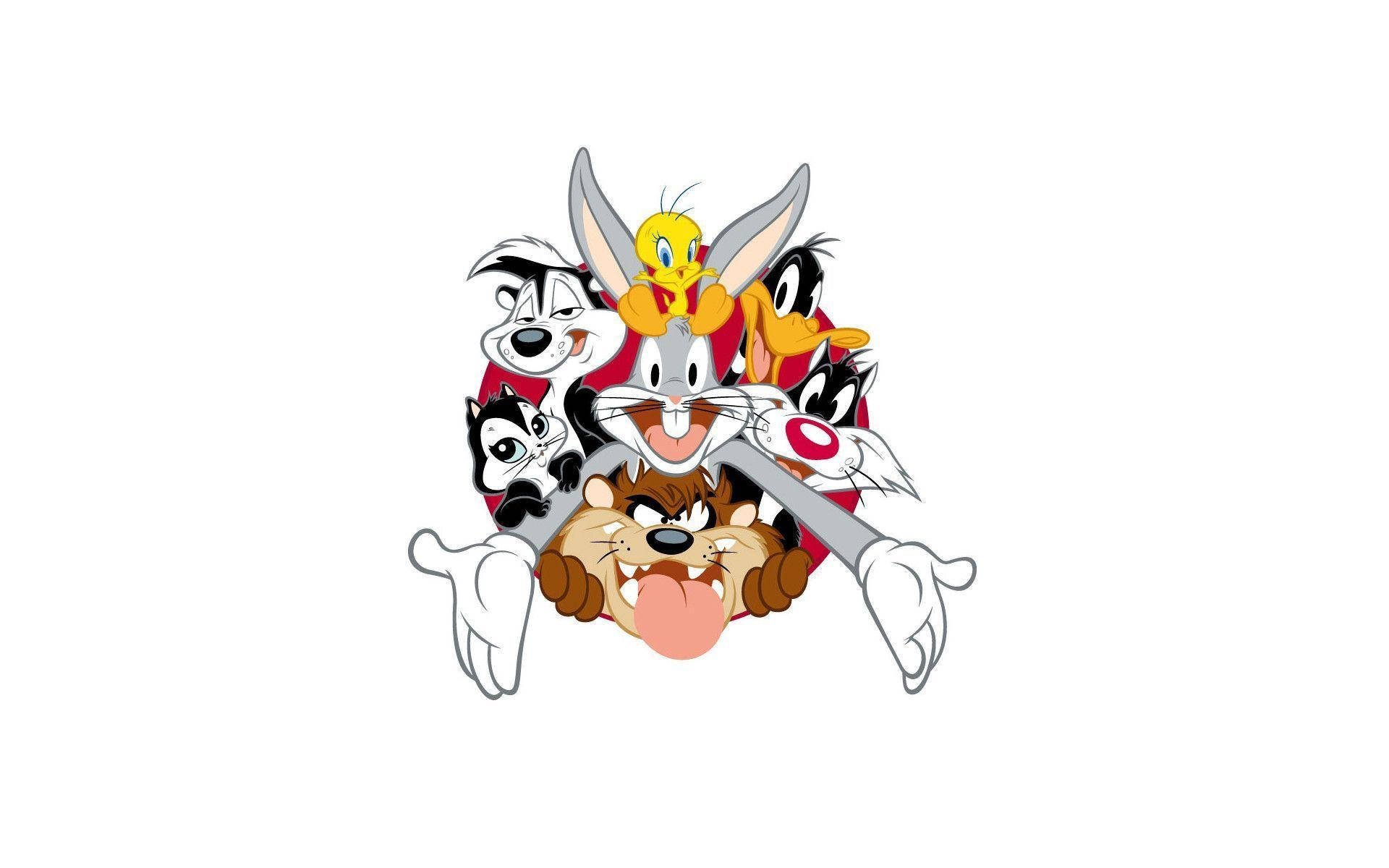 Sylvester 桌布 壁紙 — 經典 Looney Tunes 角色如兔巴哥和崔弟鳥在純白色背景前以圓形組合同歡樂地擺姿勢。