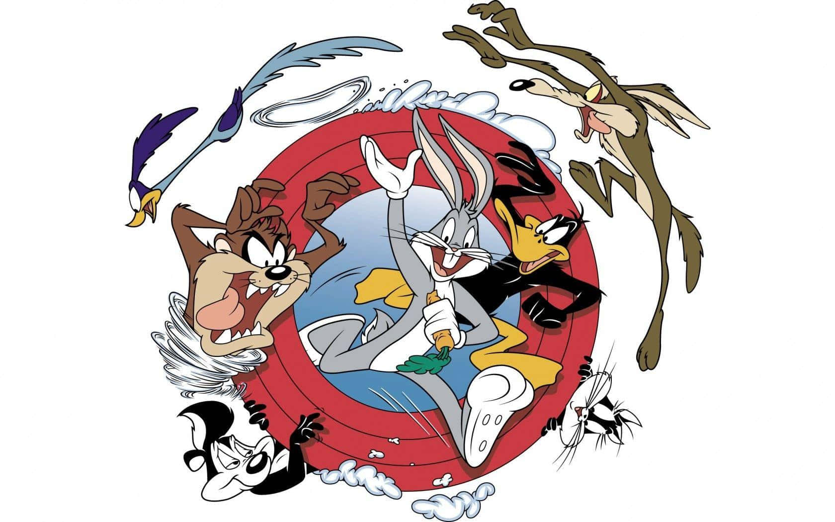 樂一通 桌布 壁紙 — 經典 Looney Tunes 角色如賓尼兔和達菲鴨在混亂的卡通動作場景中動態擺姿勢。