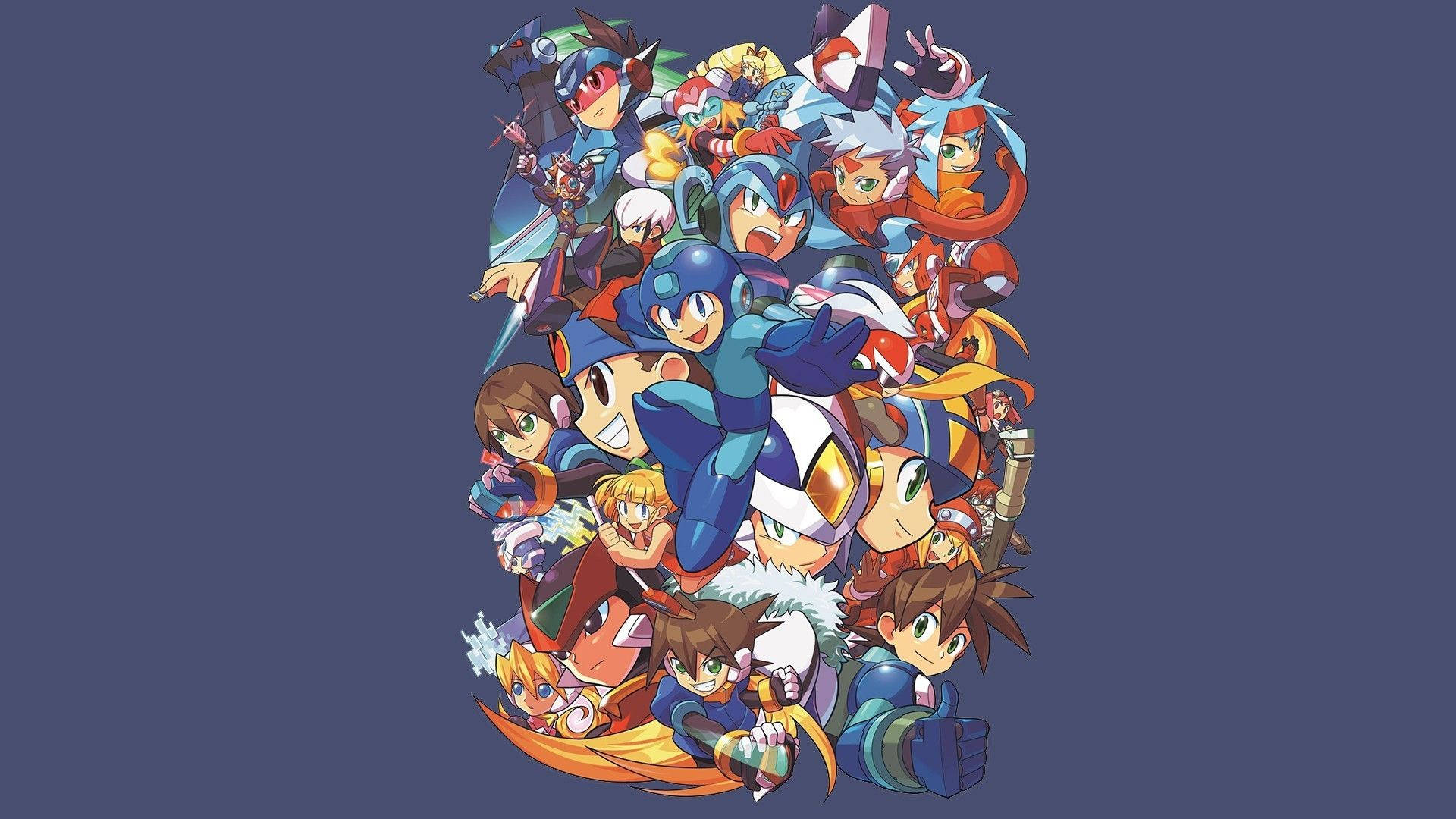 Megaman 桌布 壁紙 — 經典 Mega Man 角色以動感姿勢組成的鮮明拼貼畫，背景為純深藍色。
