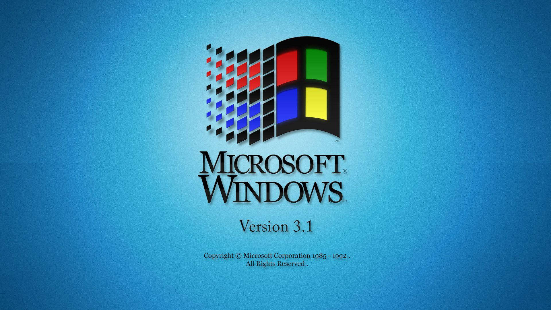 Windows 98 桌布 壁紙 — 經典 Microsoft Windows 3.1 標誌，採用彩色像素化視窗設計，搭配漸變藍色背景。