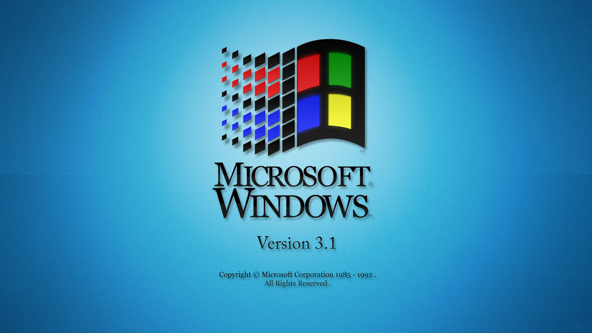 Microsoft Desktop 桌布 壁紙 — 經典 Microsoft Windows 3.1 標誌，在漸層藍色背景上居中顯示彩色像素化視窗圖示。