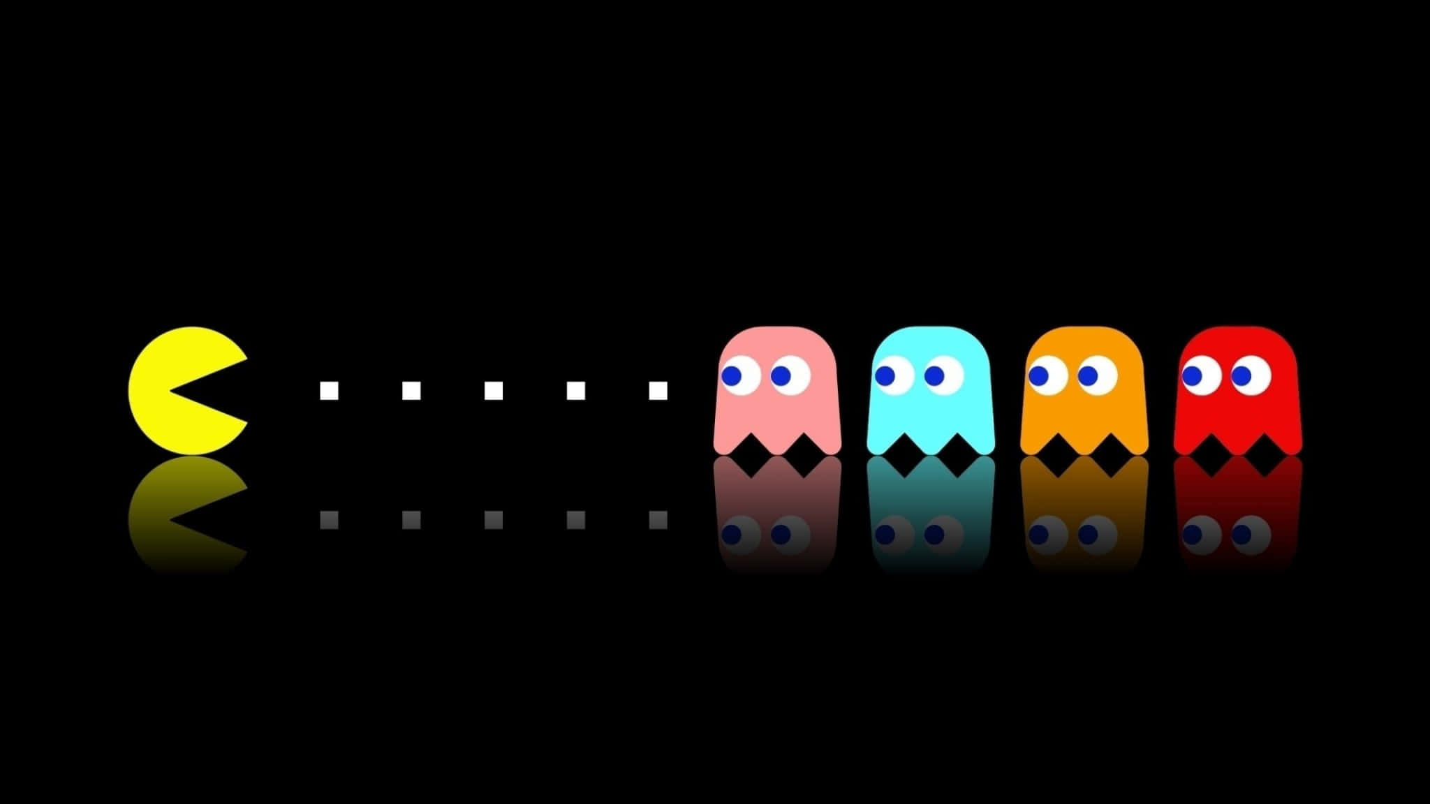 2048x1152 桌布 壁紙 — 經典 Pacman 和四個彩色鬼魂在黑色背景上排成一排，帶有倒影。