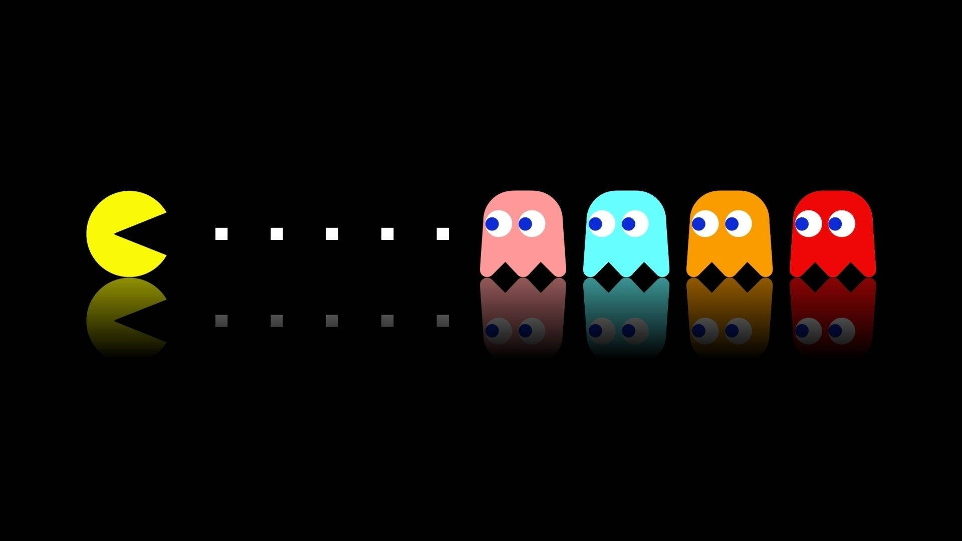電玩遊戲 桌布 壁紙 — 經典 Pacman 和四個彩色鬼魂站在黑色背景上，帶有反射表面，排成一排。