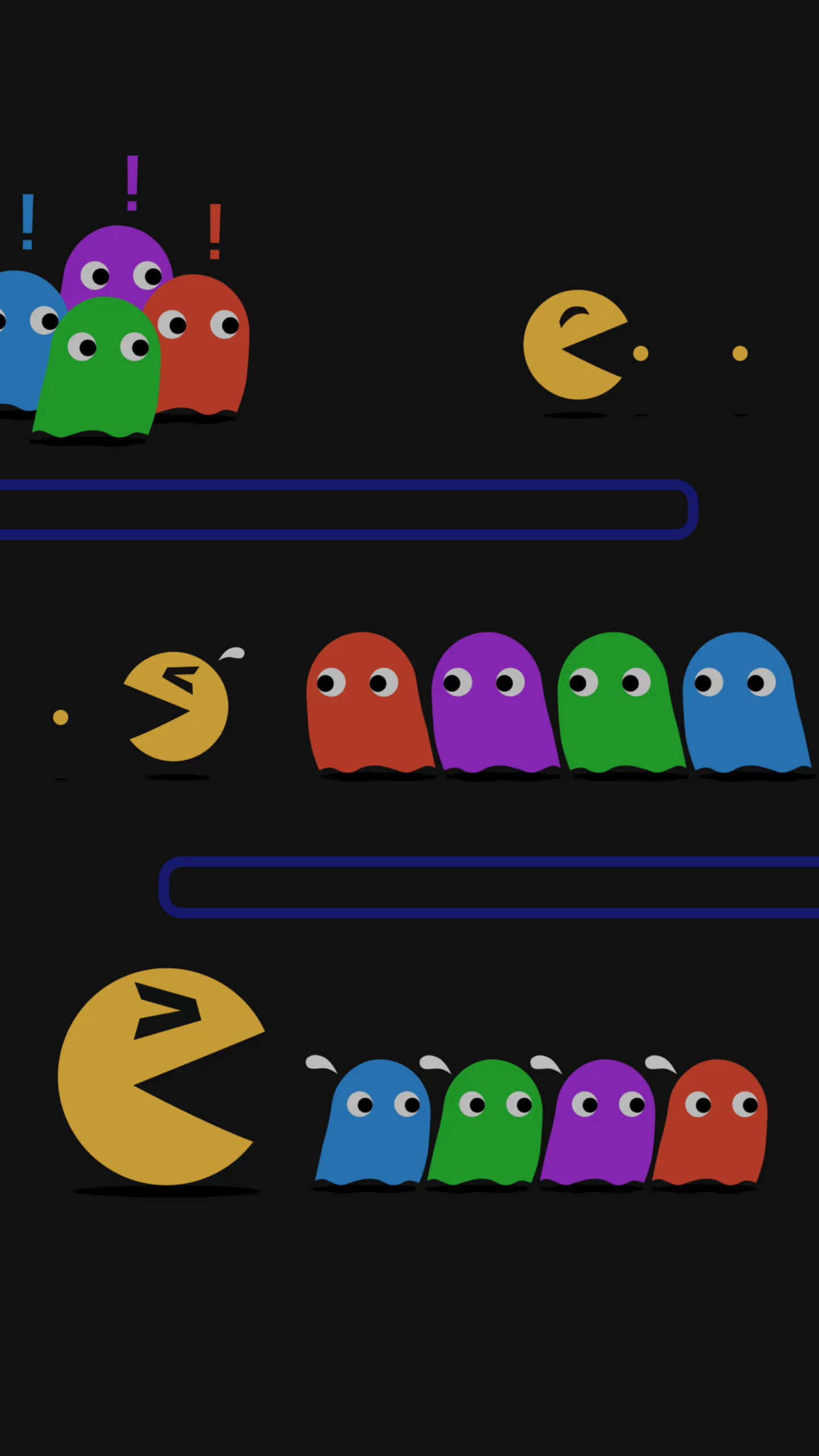 Pacman 桌布 壁紙 — 經典 Pacman 和色彩繽紛的鬼魂，以復古街機風格呈現於深色背景上。