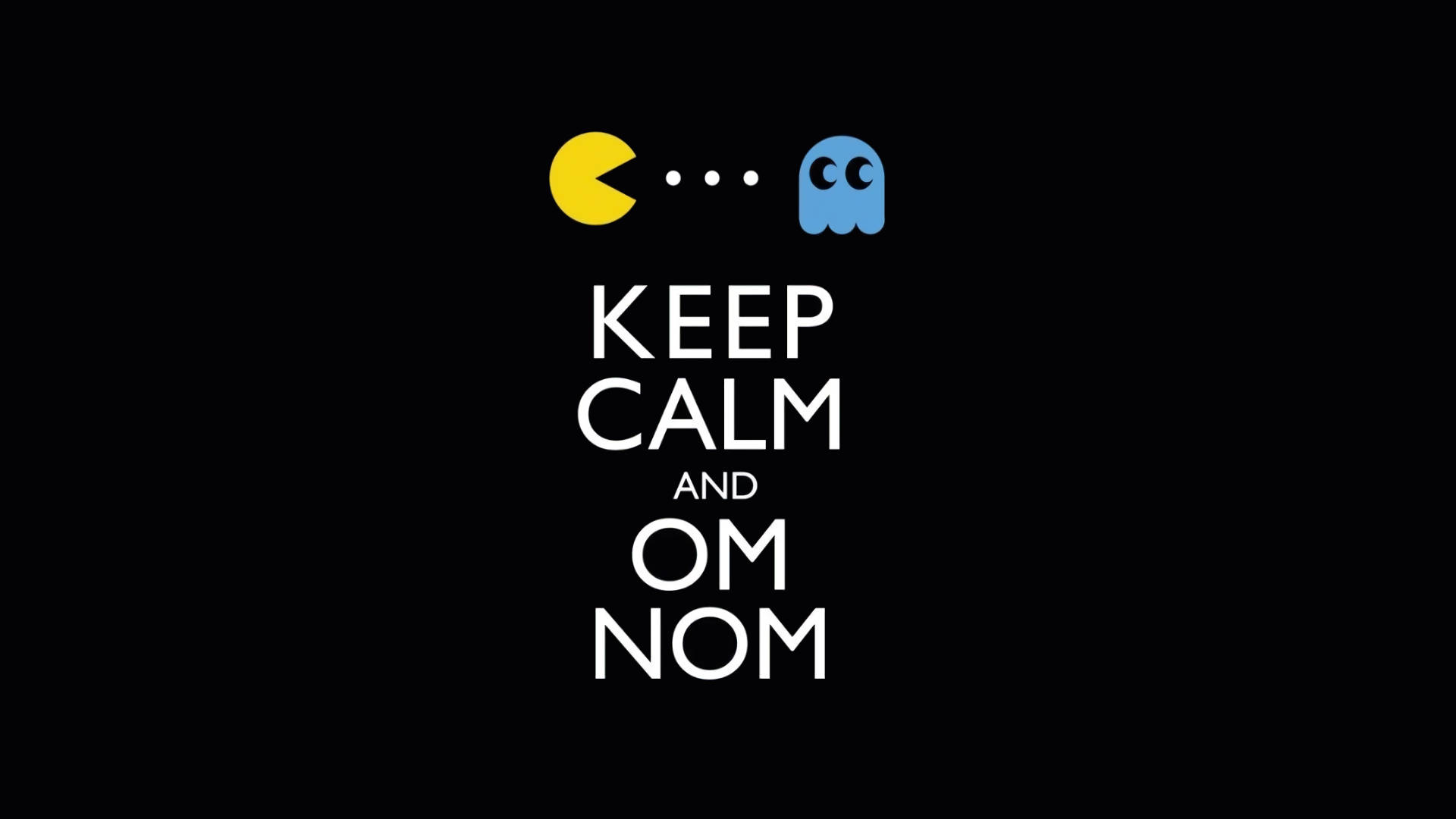 keep 桌布 壁紙 — 經典 Pacman 和鬼魂角色，黑色背景上帶有「KEEP CALM AND OM NOM」文字。