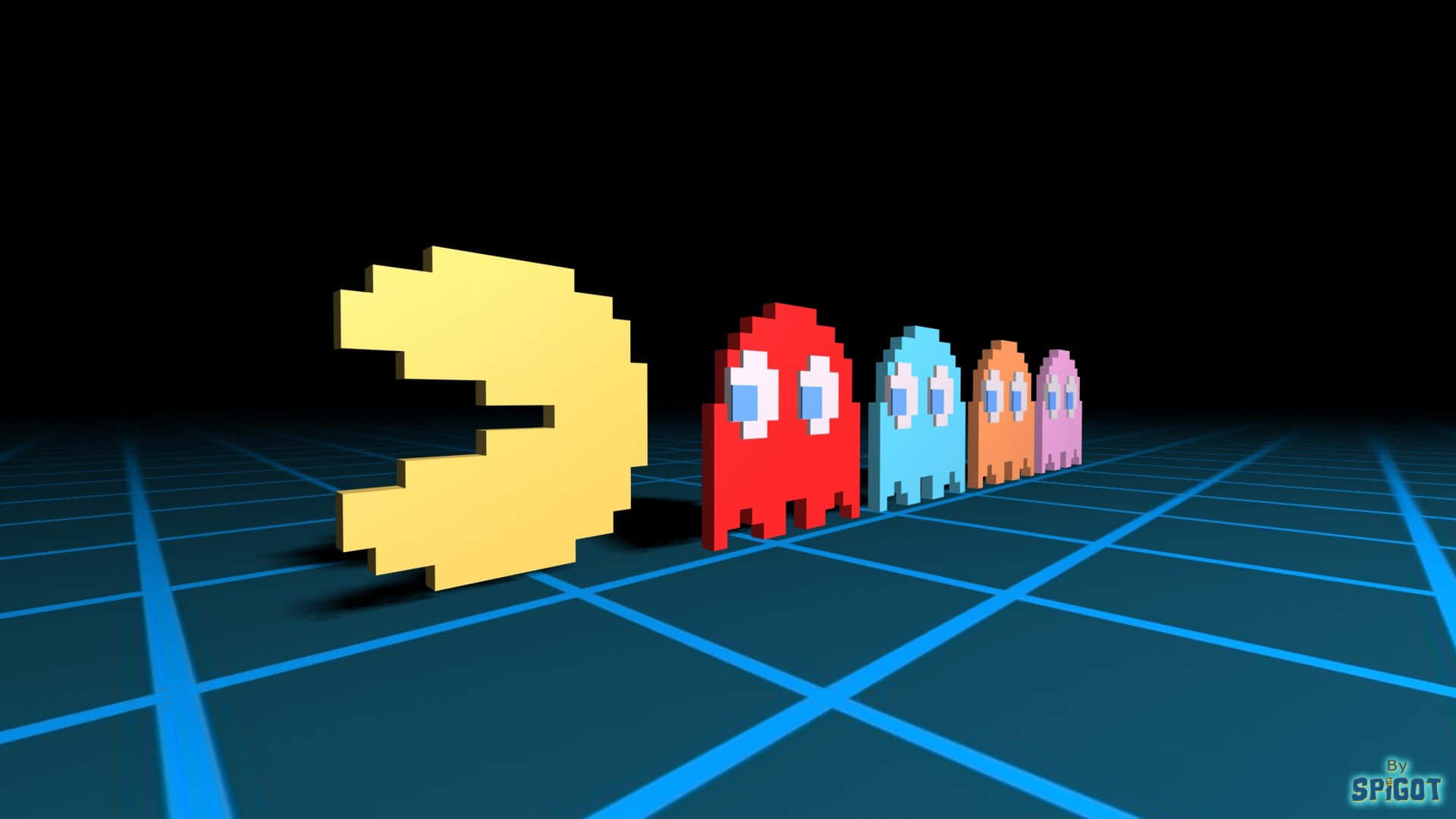 pac man 桌布 壁紙 — 經典 Pacman 與四個鬼魂在黑色背景上發光的藍色網格中排成一列。