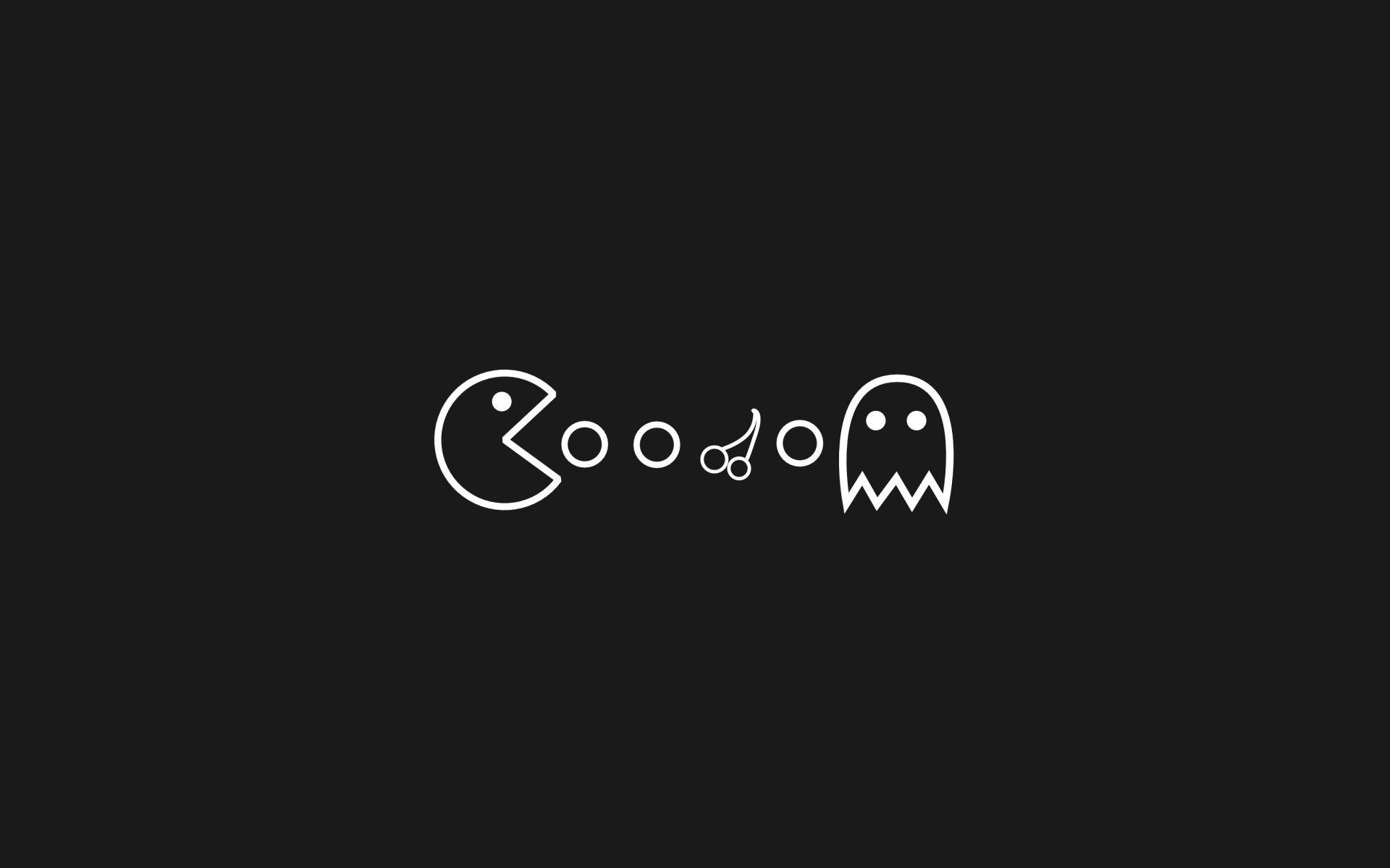 電玩遊戲 桌布 壁紙 — 經典 Pacman 與鬼魂，以極簡白色線條藝術呈現於黑色背景上。