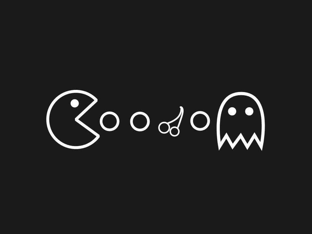 電玩遊戲 桌布 壁紙 — 經典 Pacman 與鬼魂角色，以極簡白色線條藝術呈現於黑色背景上。