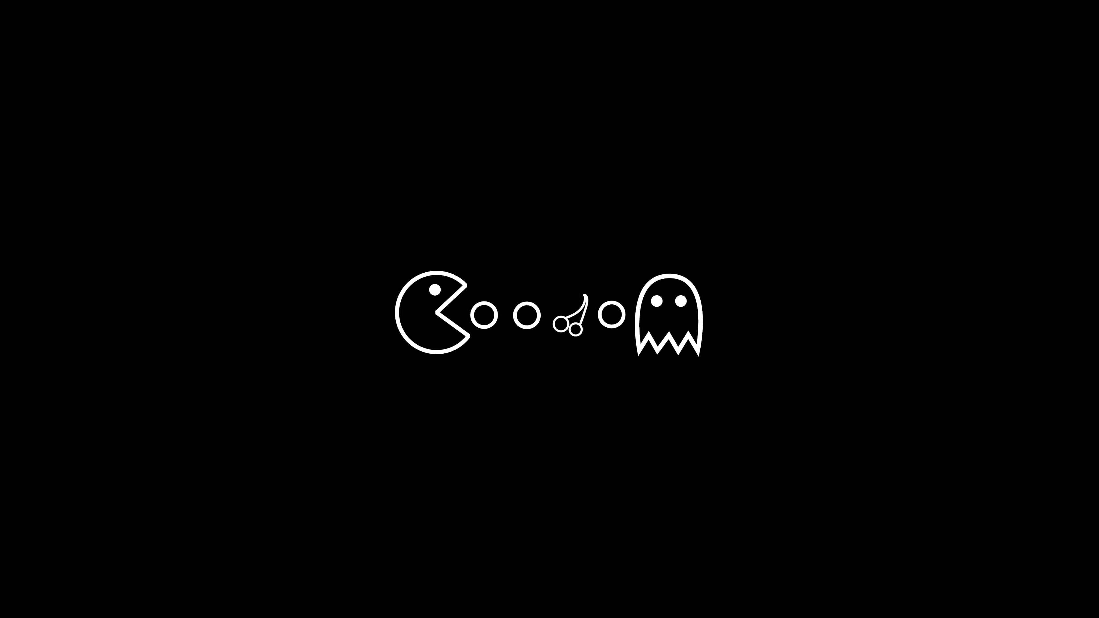 Minimalist Gaming 桌布 壁紙 — 經典 Pacman 與鬼魂角色，以極簡白色線條藝術呈現於純黑背景上。