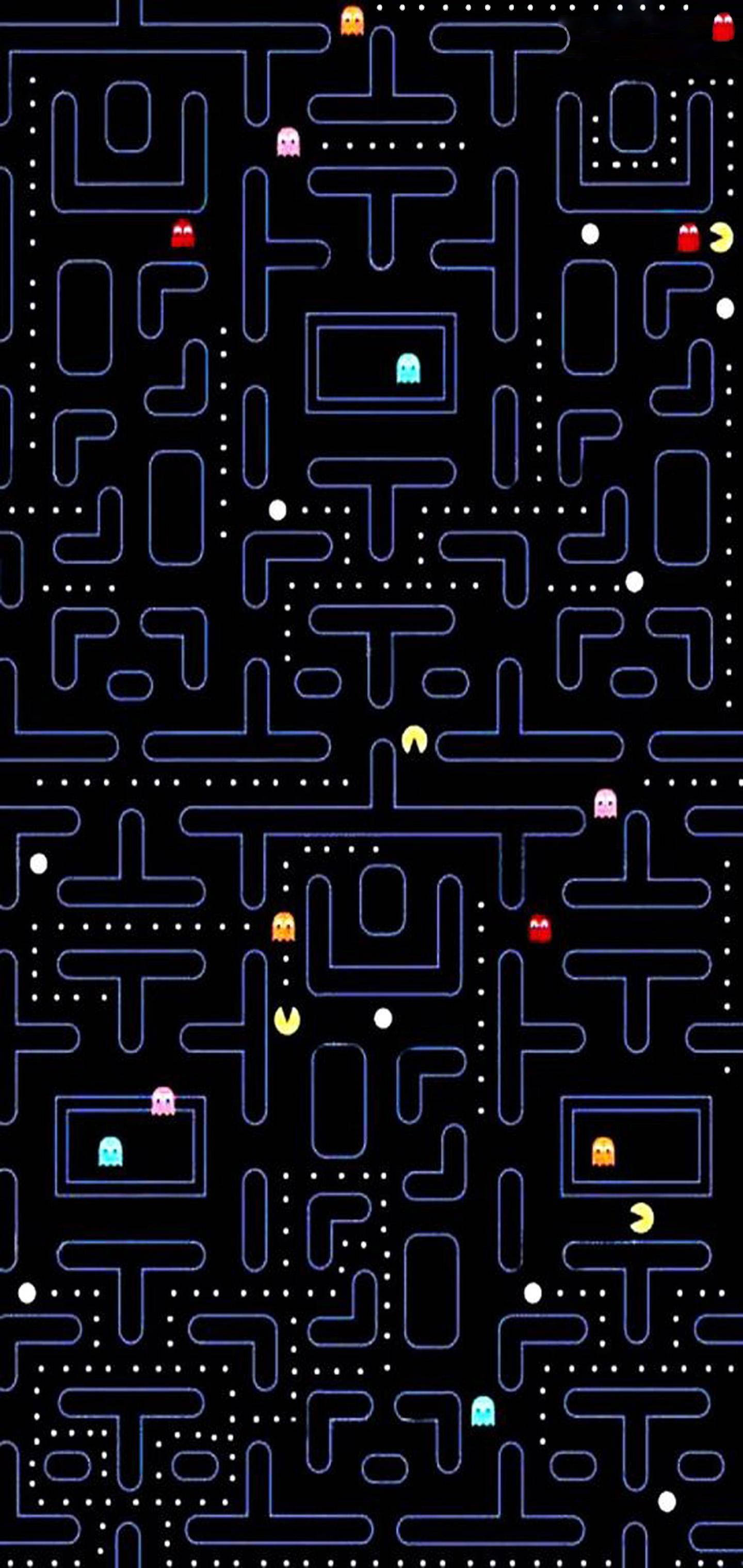 Galaxy S10 Plus 桌布 壁紙 — 經典 Pacman 迷宮，帶有發光點和鬼魂，黑色背景。