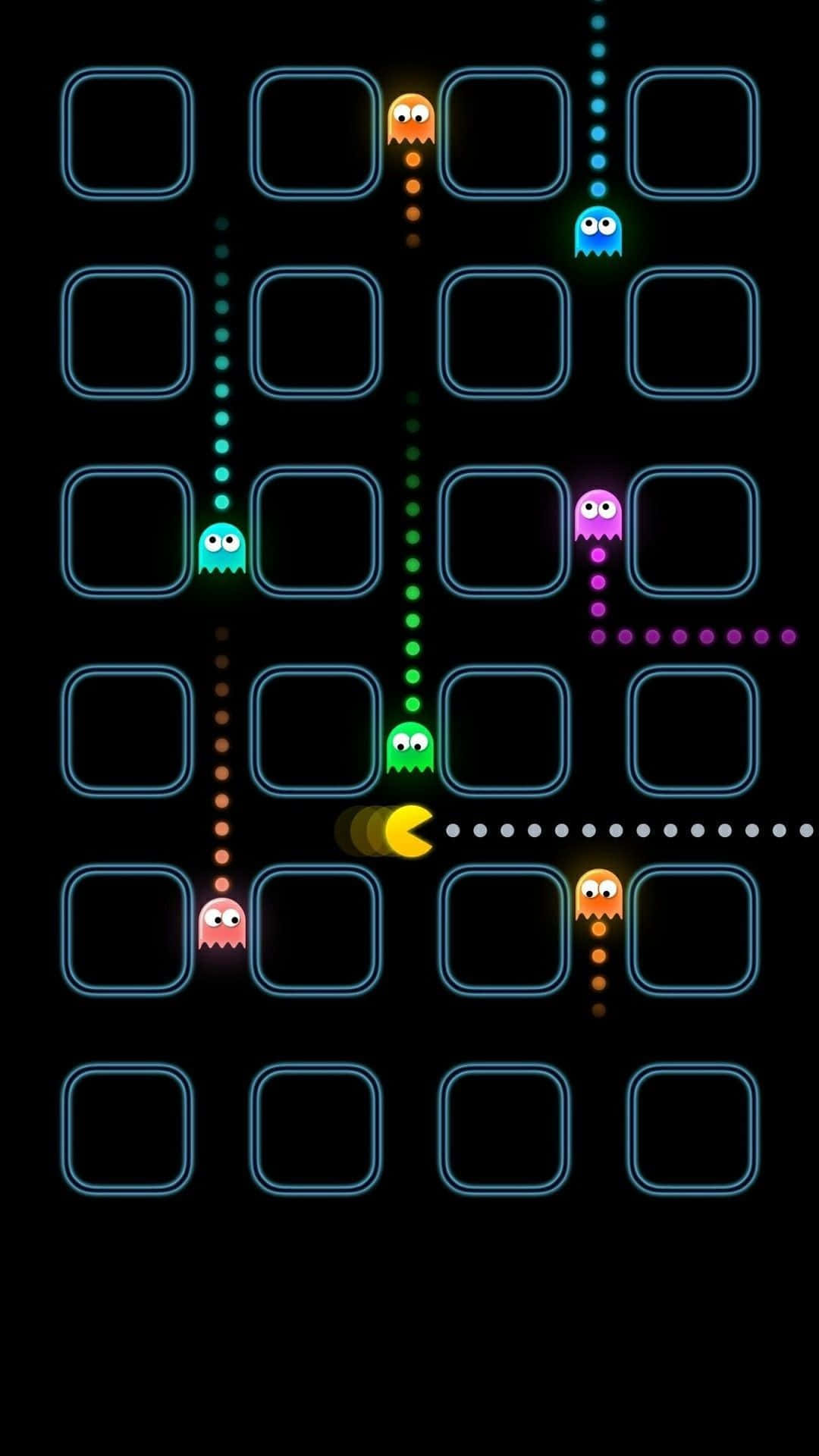 Pacman 桌布 壁紙 — 經典 Pacman 遊戲場景，發光的黃色 Pacman 在黑暗網格上追逐彩色鬼魂。