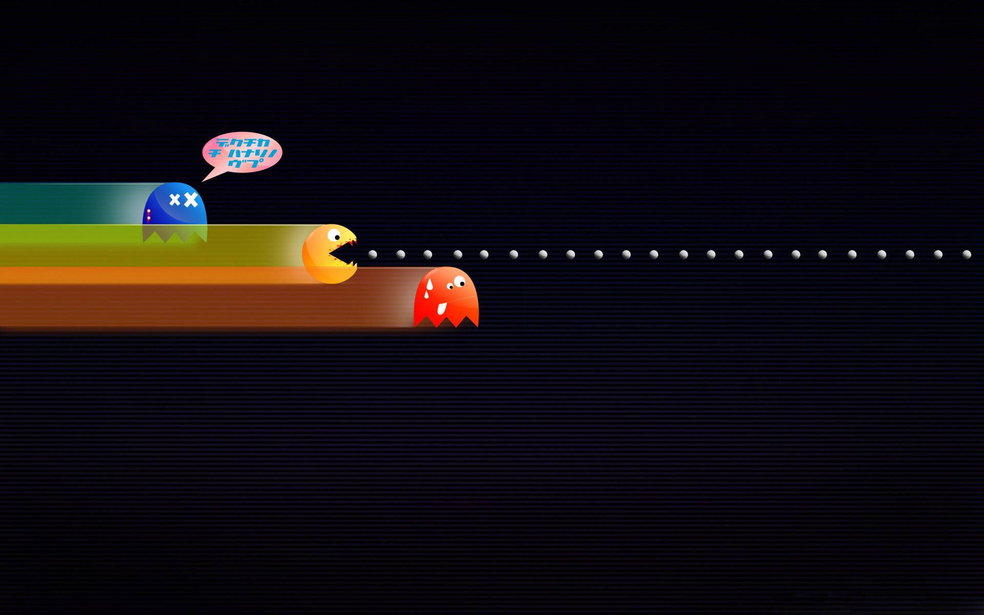 遊戲 桌布 壁紙 — 經典 Pacman 遊戲場景，黃色 Pacman 在像素迷宮中追逐紅色鬼魂，留下彩色軌跡。