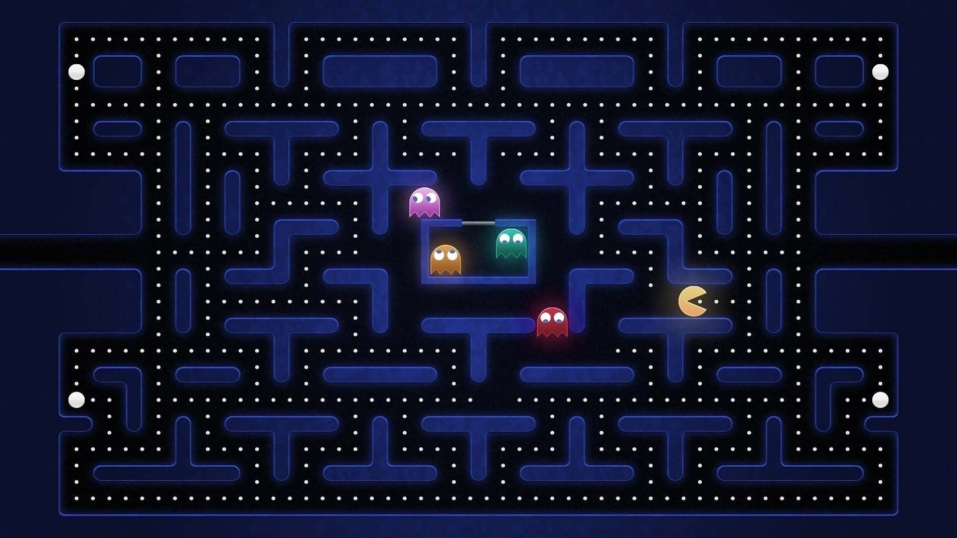 Pacman 桌布 壁紙 — 經典 Pacman 遊戲場景，黃色 Pacman 追逐彩色鬼魂穿過佈滿白色圓點的藍色迷宮。