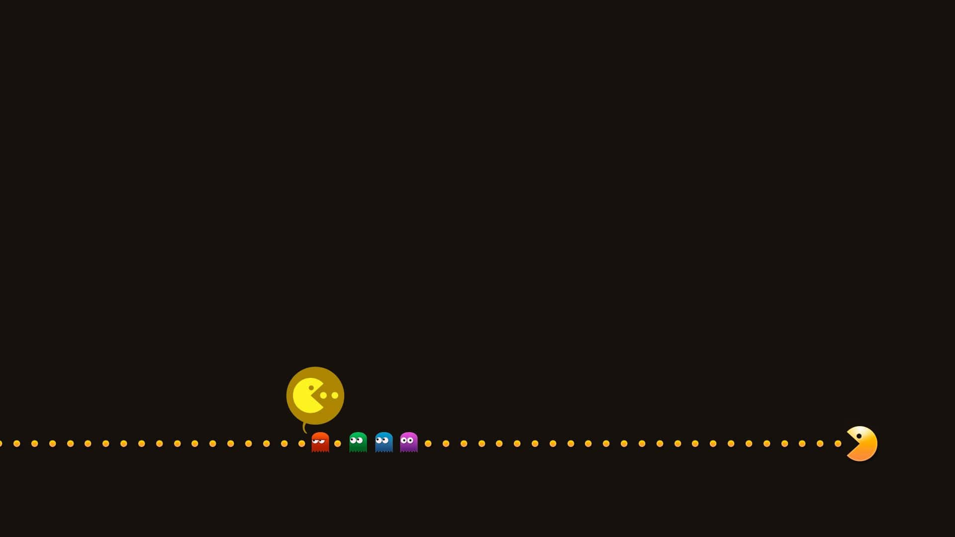 Pacman 桌布 壁紙 — 經典 Pacman 遊戲場景，黃色角色沿著虛線路徑在黑色背景上追逐彩色鬼魂。