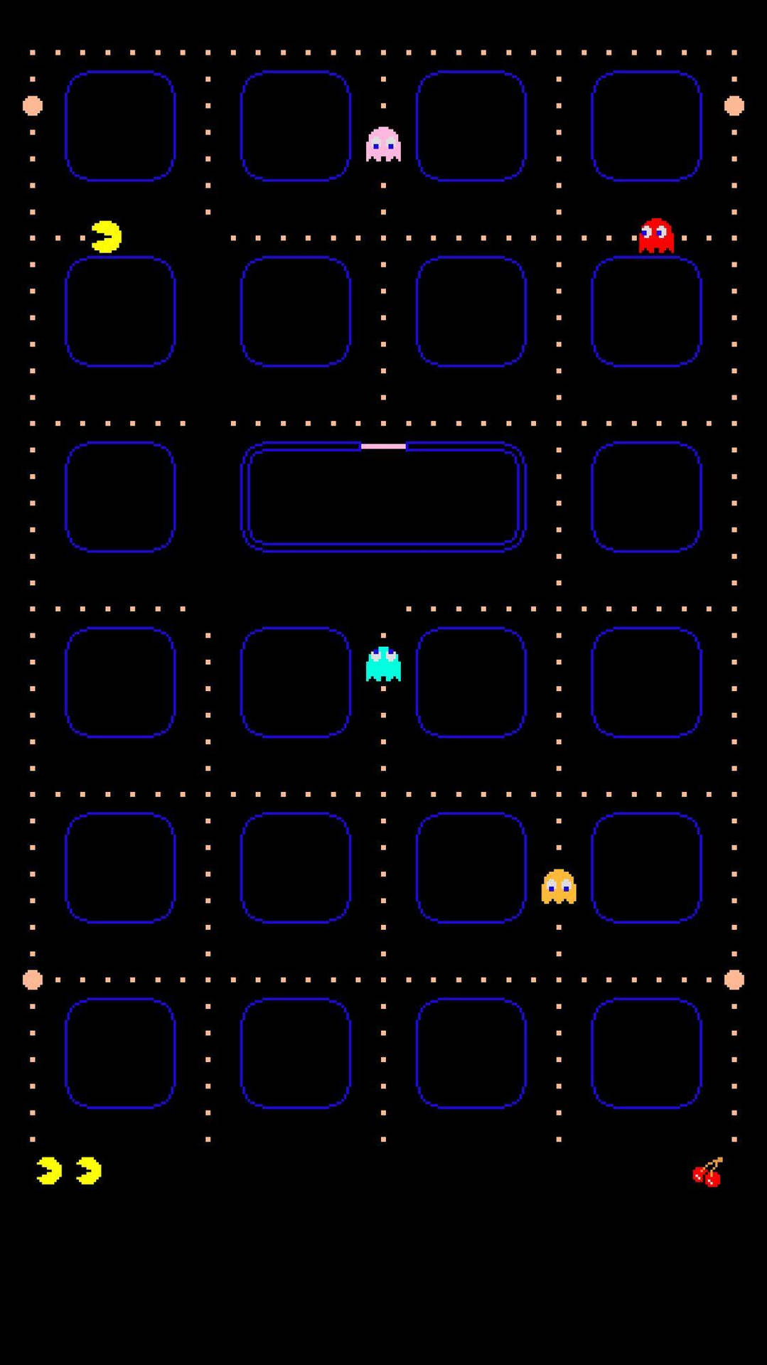 復古 Pacman 遊戲，黃色 Pacman 和彩色鬼魂在藍色迷宮中。 — 黑屏 壁紙