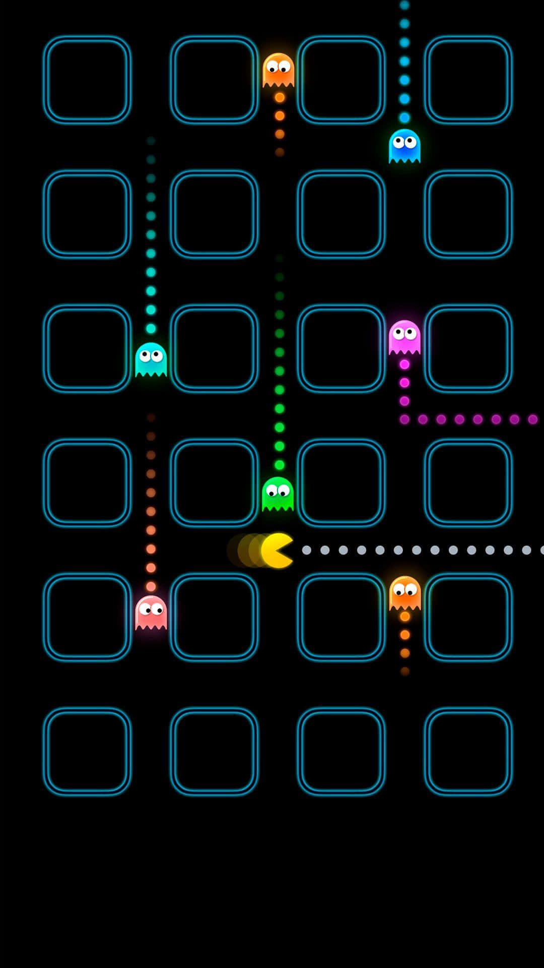 Retro Phone 桌布 壁紙 — 經典 Pacman 遊戲場景，黃色 Pacman 在黑色背景上發光的藍色網格中追逐彩色鬼魂。