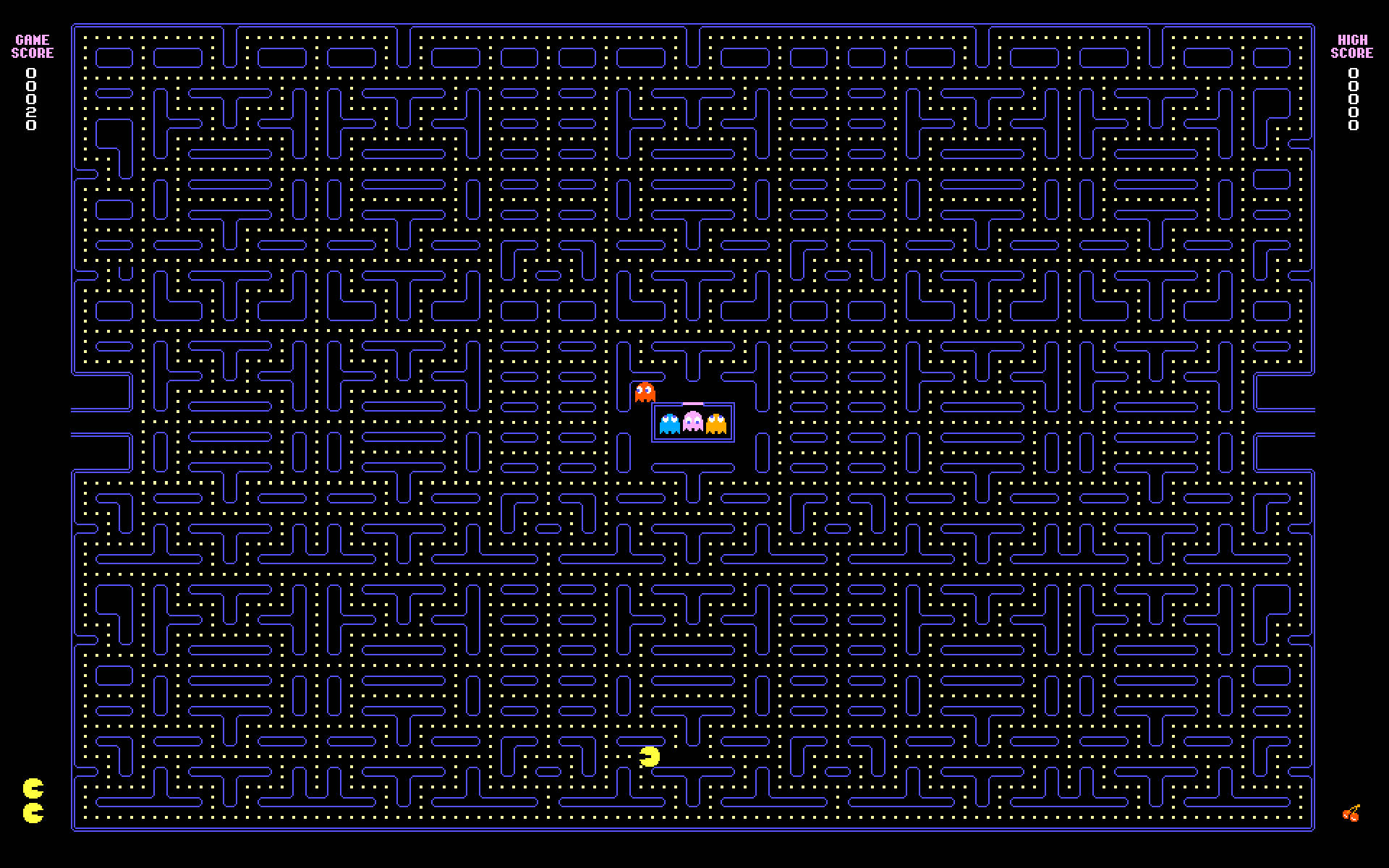 電玩遊戲 桌布 壁紙 — 經典 Pacman 遊戲畫面，帶有黃色點迷宮和四個鬼魂，採用復古像素藝術風格。