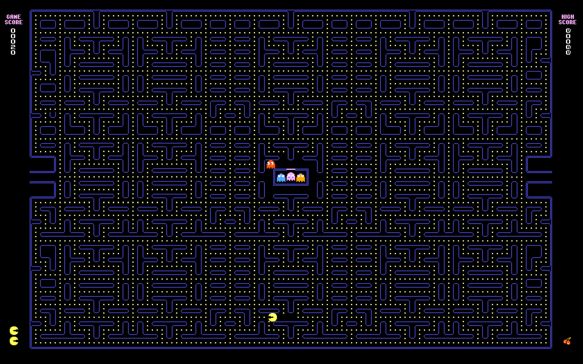HD Pacman 桌布 壁紙 — 經典 Pacman 遊戲畫面，黃色點點迷宮和四個幽靈在追趕。