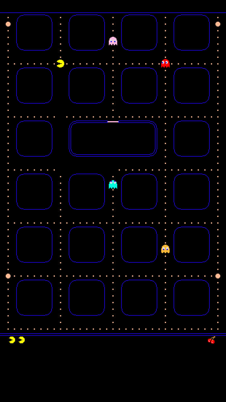 cool iPhone home screen 桌布 壁紙 — 經典 Pacman 遊戲網格，有黃色吃點角色和四個彩色鬼魂，背景為深色。