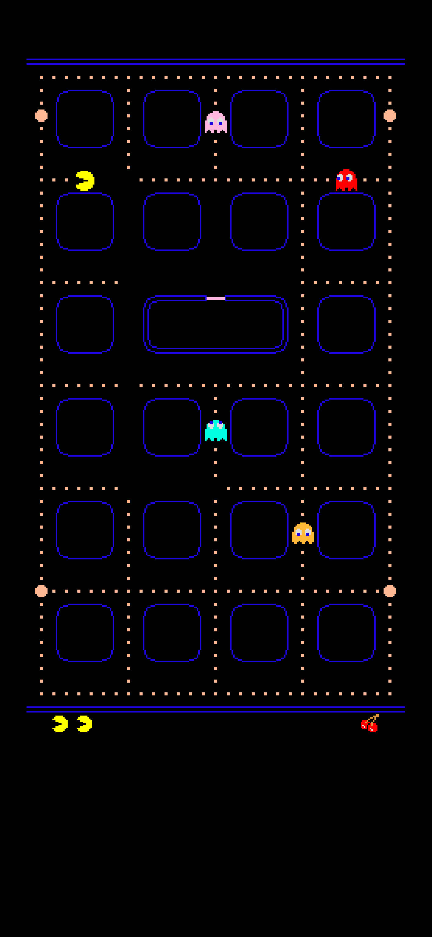 Pacman 桌布 壁紙 — 經典 Pacman 遊戲網格，黃色 Pacman 和四個鬼魂在黑色背景上，藍色牆壁和白色點。