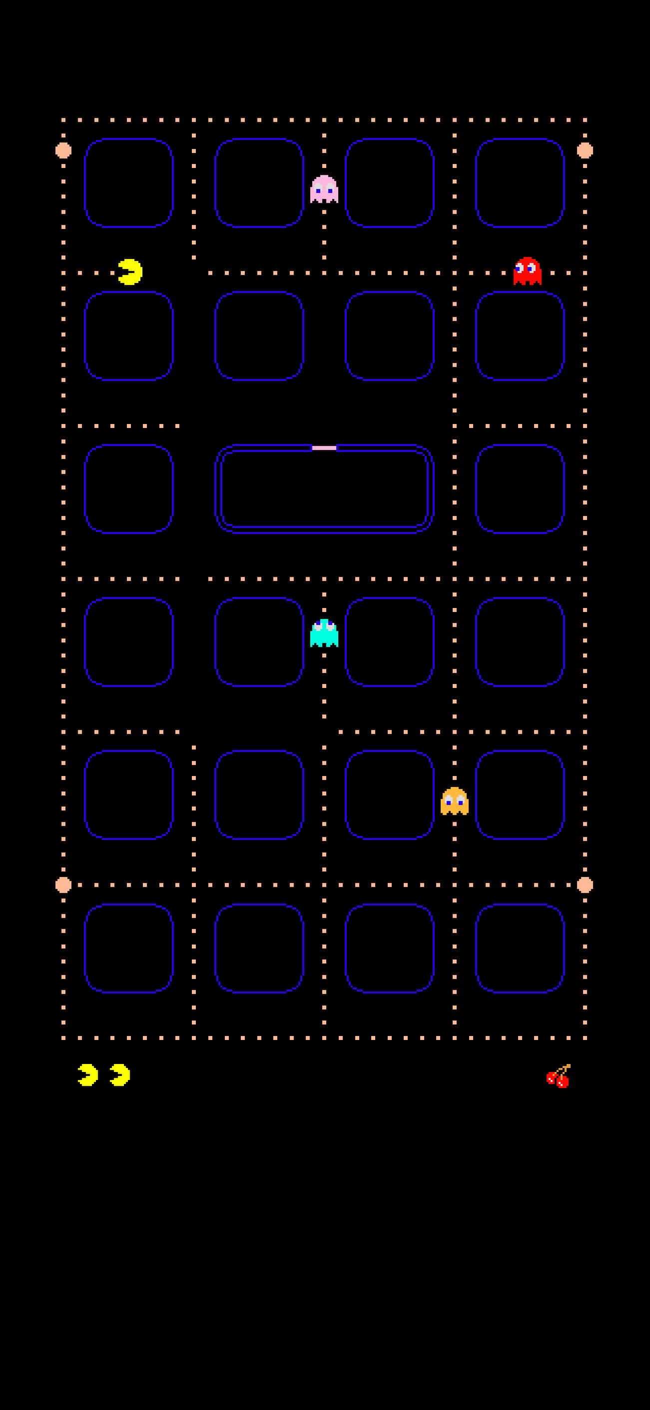 HD Pacman 桌布 壁紙 — 經典 Pacman 遊戲網格，黃色玩家和彩色鬼魂在深色背景上。