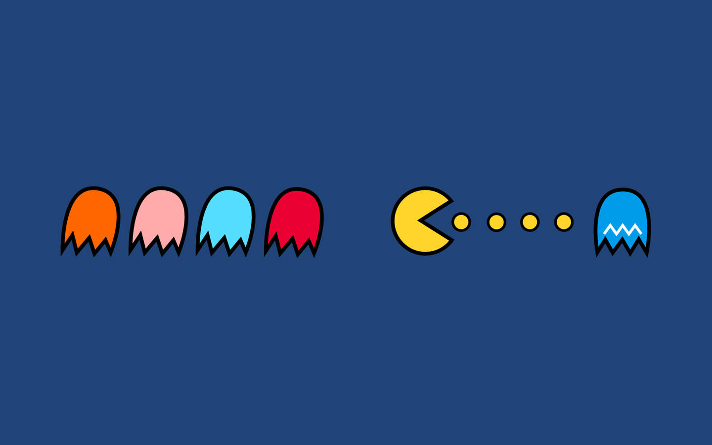 彩色動圖 桌布 壁紙 — 經典 Pacman 遊戲角色以鮮豔色彩呈現於深藍色背景上。