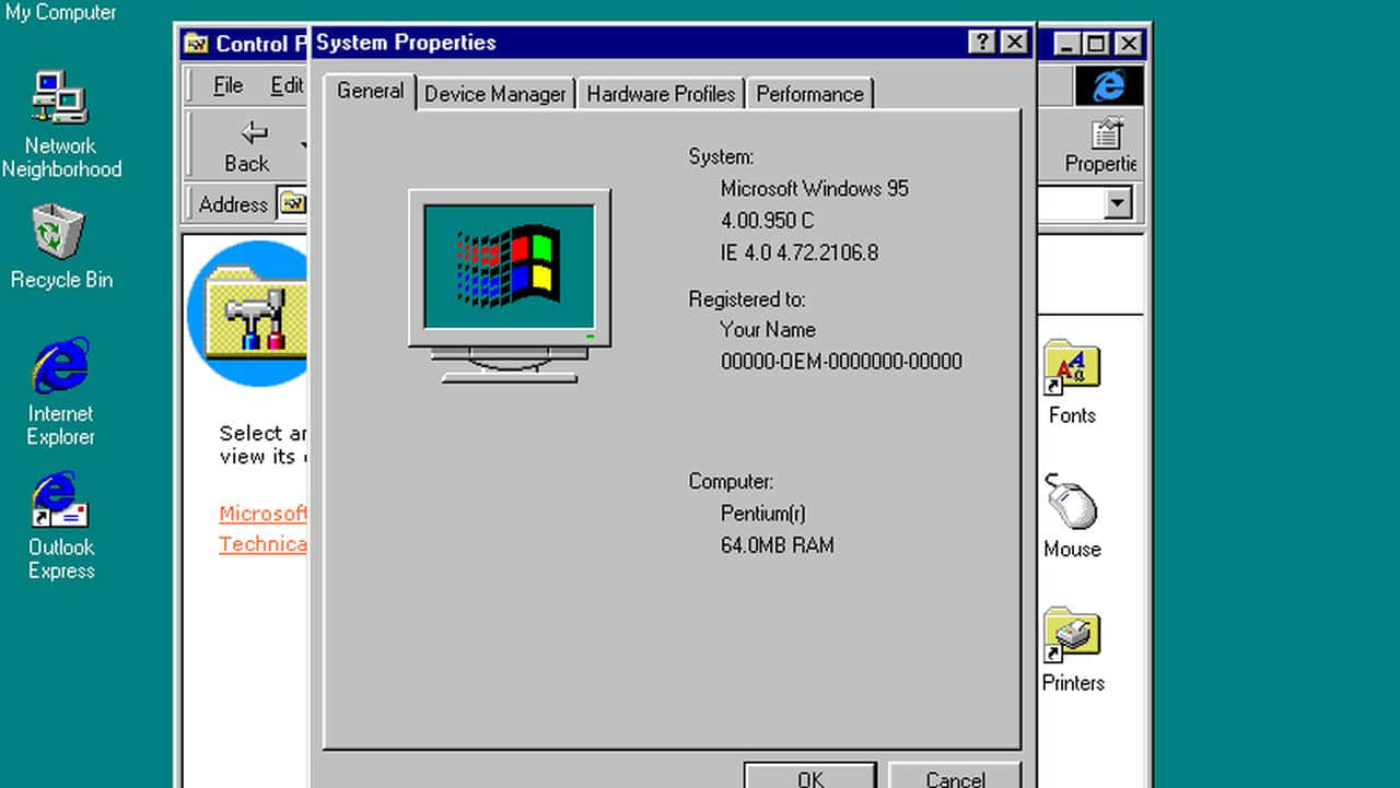 Windows 95 動態圖 桌布 壁紙 — 經典 Windows 95 桌面，系統內容視窗開啟，顯示 64MB RAM 及 IE 4.0，背景為青綠色。