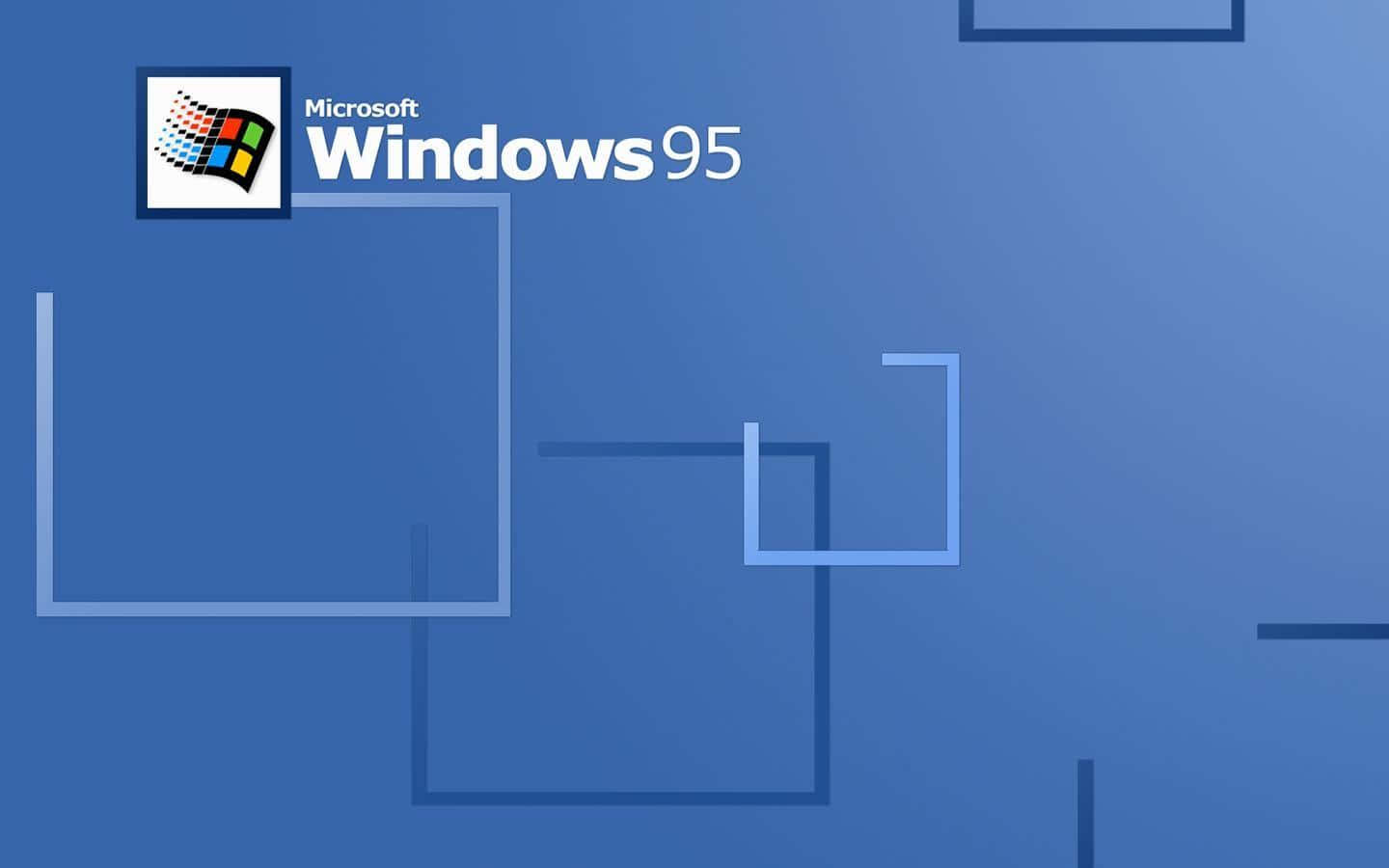 Windows 95 動態圖 桌布 壁紙 — 經典 Windows 95 標誌，帶有彩色視窗圖示和白色文字，位於漸變藍色背景上，並有浮動幾何形狀。
