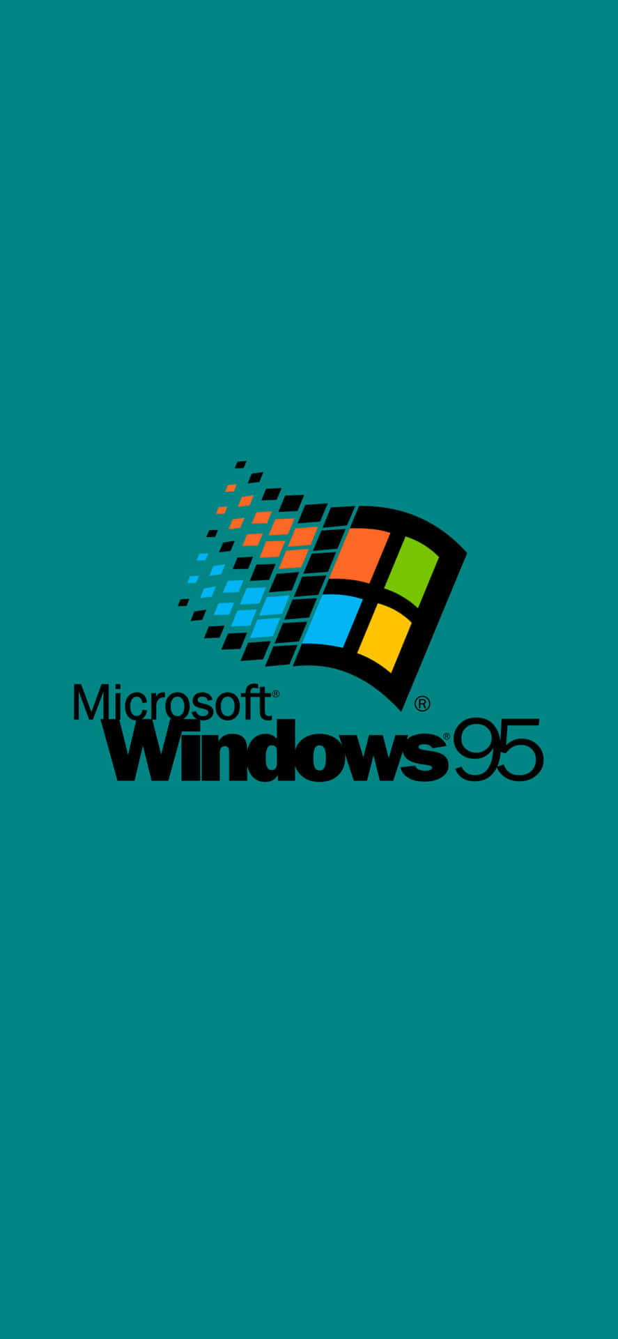 Windows 95 標誌，在青綠色背景上有像素化視窗 — Microsoft 壁紙