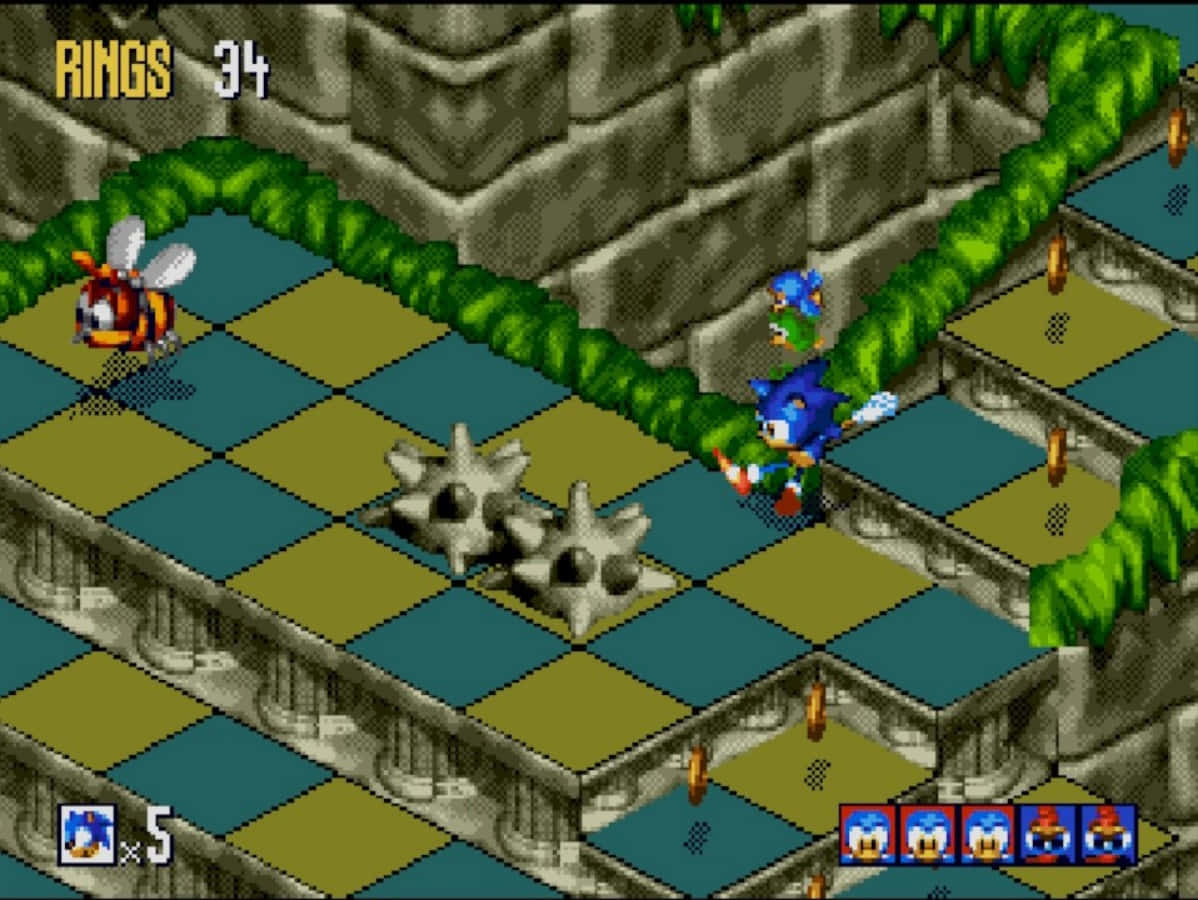 Sonic 3d Blast 桌布 壁紙 — 經典16位元音速小子在一個有綠色藤蔓和尖刺陷阱的石廟關卡中穿梭。