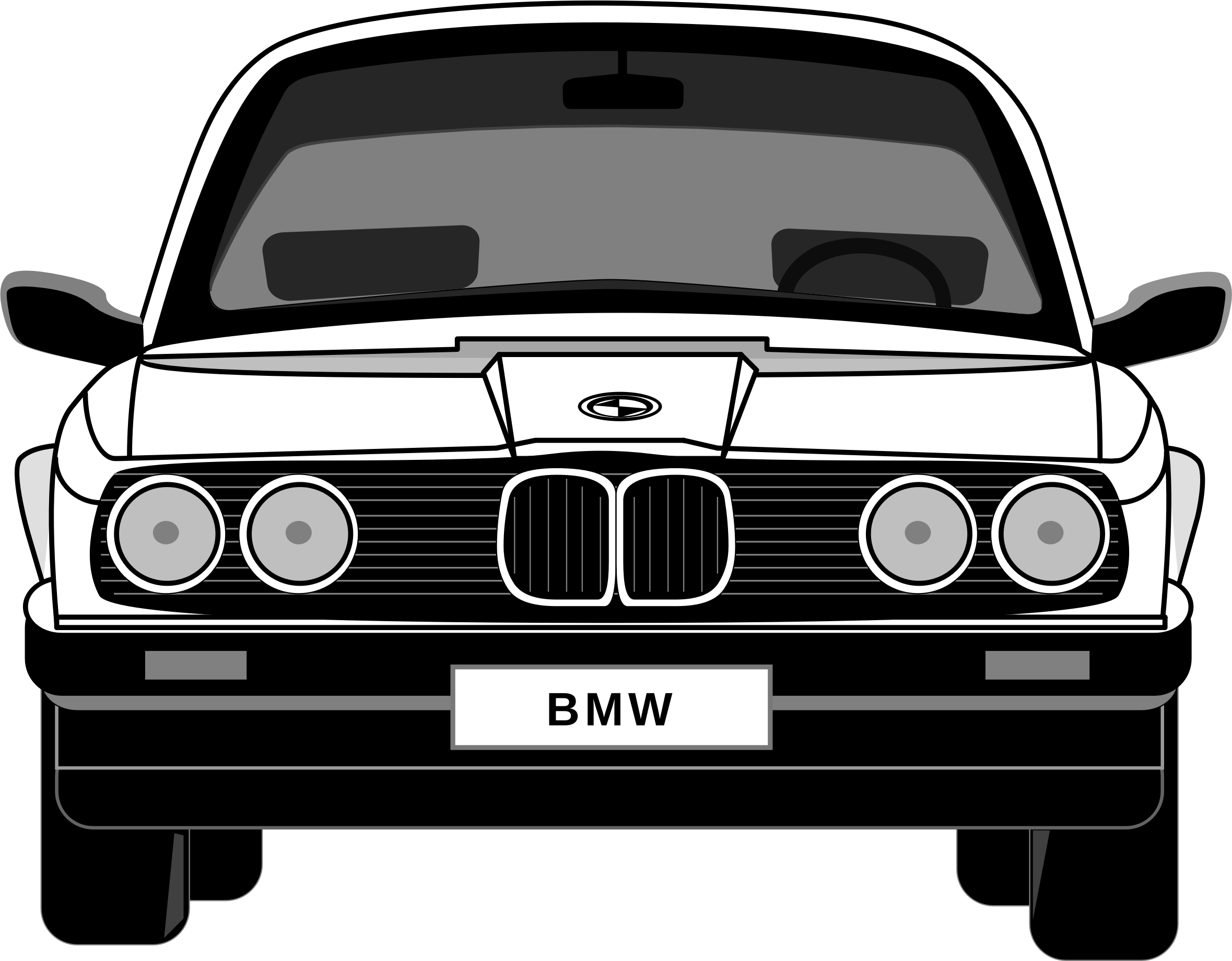 BMW 動圖 桌布 壁紙 — 經典BMW汽車的前視圖，以單色線條藝術呈現，具有粗線條輪廓和灰階陰影。