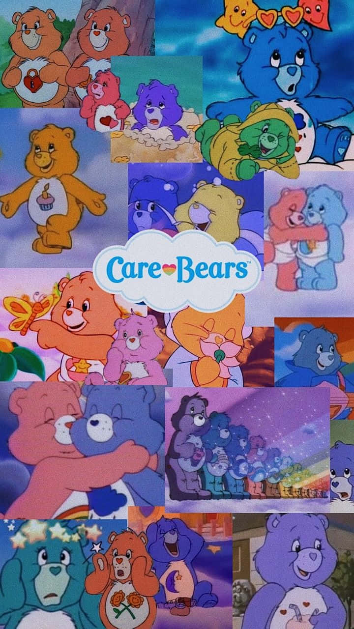 桌布 壁紙 — 經典Care Bears角色在色彩繽紛的動畫場景中展現愛意和友誼的充滿活力的拼貼畫。