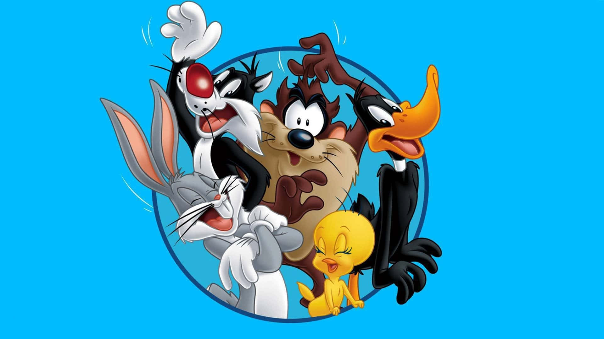 Cartoon Characters 桌布 壁紙 — 經典Looney Tunes角色：兔巴哥、達菲鴨、傻大貓、塔斯和翠兒鳥，在明亮的藍色背景上以圓形框架充滿活力地擺出姿勢。