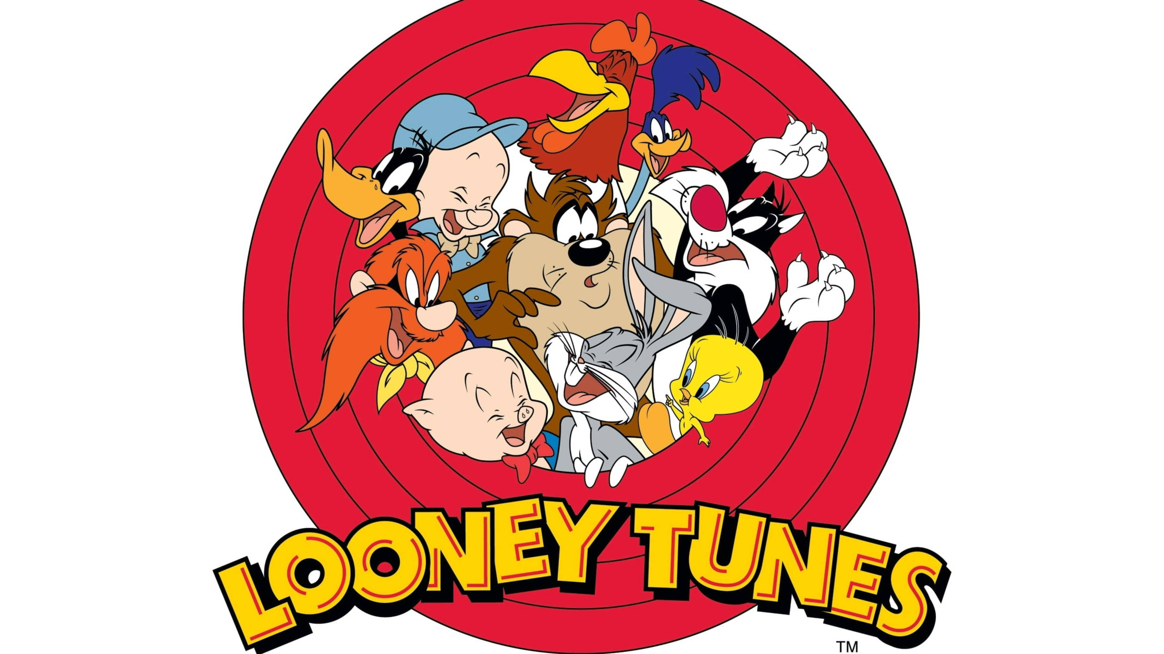 Yosemite Sam 桌布 壁紙 — 經典Looney Tunes角色從紅色靶心迸出，下方有粗體黃色標誌。