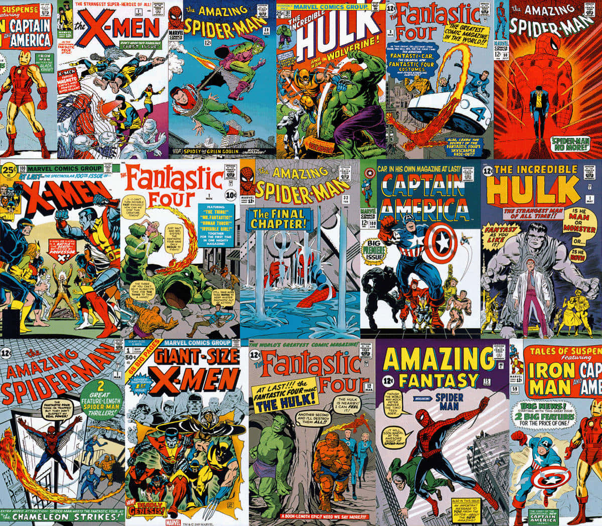 Comics 桌布 壁紙 — 經典Marvel漫畫封面的鮮豔拼貼畫， featuring 蜘蛛人、浩克和美國隊長等標誌性英雄的動態動作姿勢。