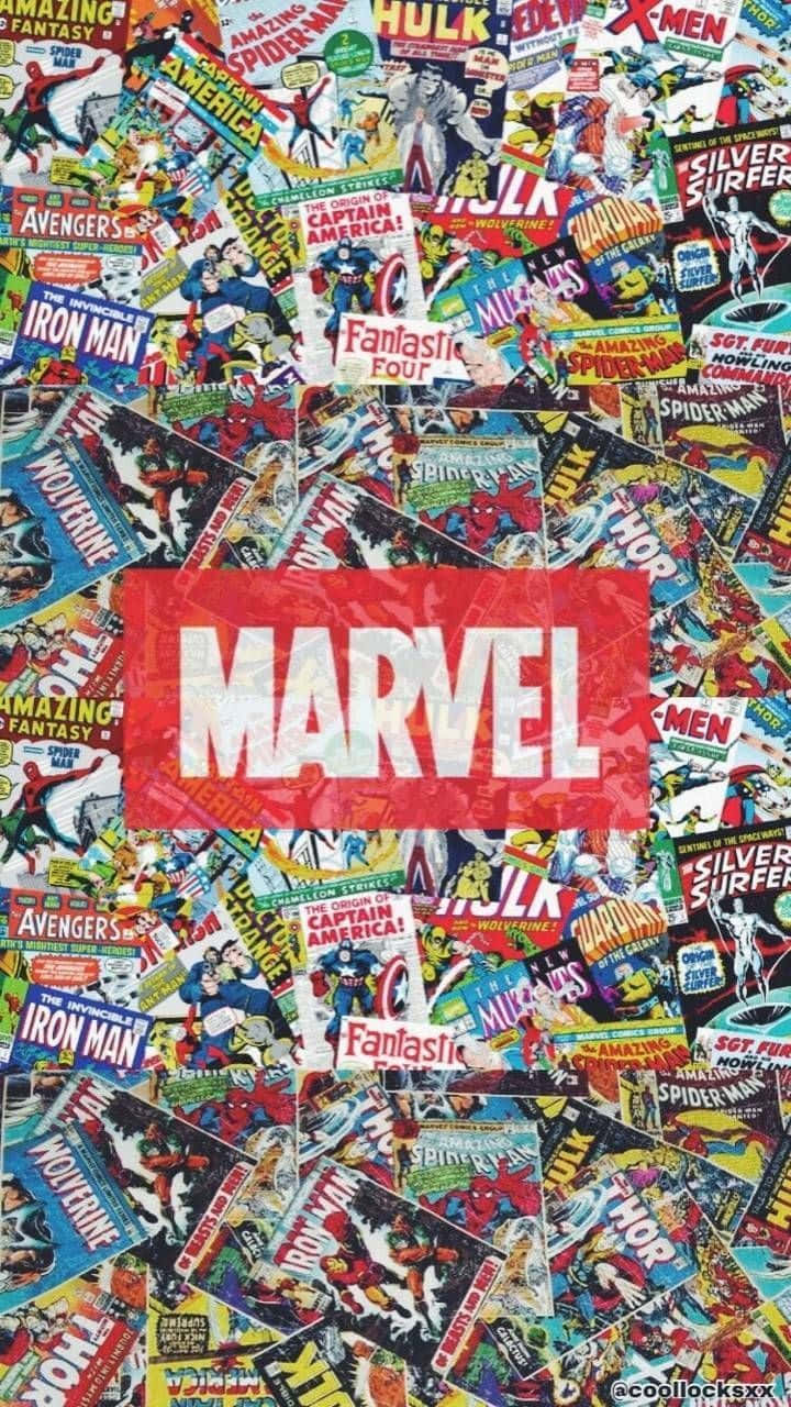 漫畫動圖 桌布 壁紙 — 經典Marvel漫畫封面的鮮豔拼貼畫，充滿蜘蛛人、浩克和鋼鐵人等超級英雄。