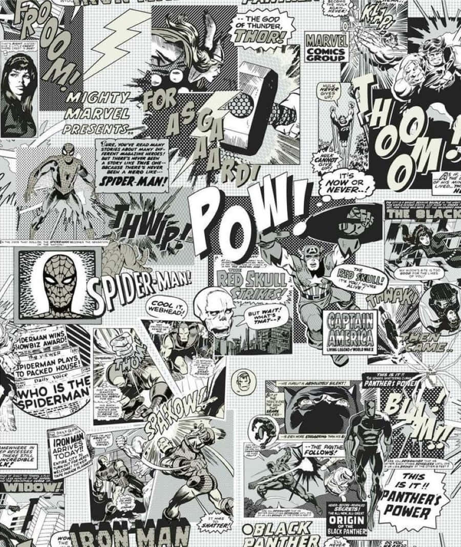 Black And White Comic 桌布 壁紙 — 經典Marvel漫畫面板的動態黑白拼貼， featuring 蜘蛛人、索爾和美國隊長等超級英雄，配有醒目的音效和對話氣泡。