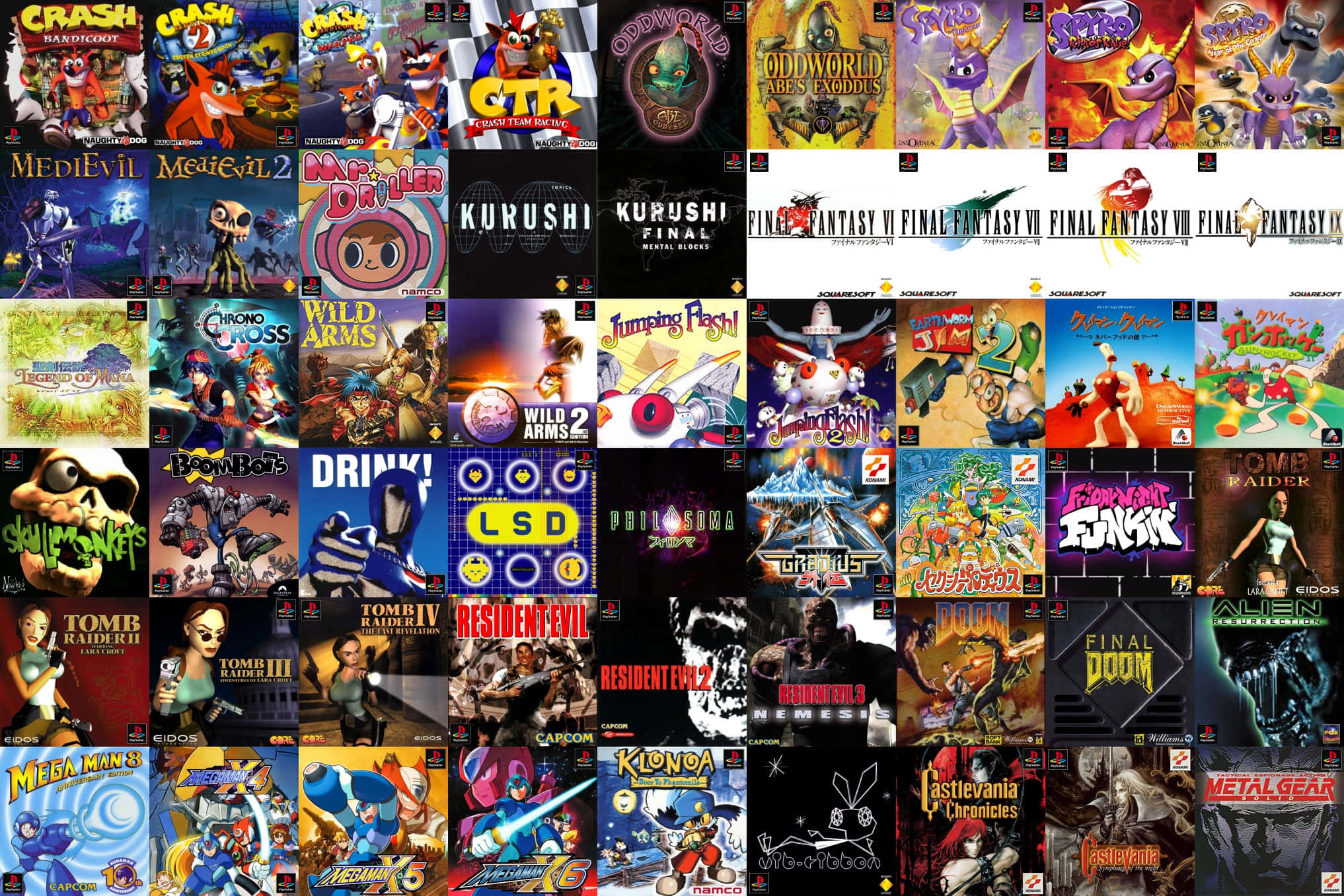 Gaming Classic Collections 桌布 壁紙 — 經典PlayStation遊戲封面的生動拼貼， featuring 標誌性角色和大膽藝術。