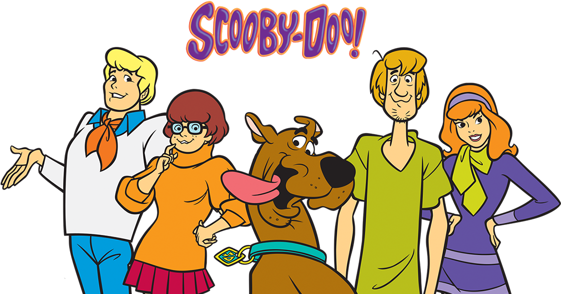 回力 桌布 壁紙 — 經典Scooby-Doo卡通團隊在節目標題下對著黑色背景愉快地擺姿勢。
