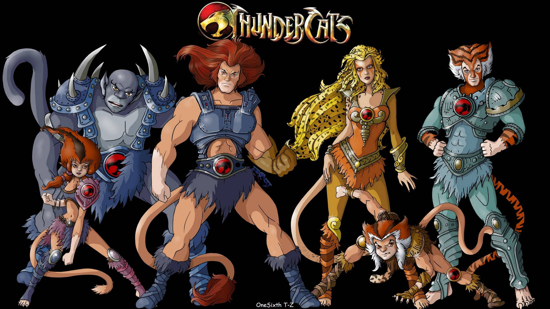 Thundercats 桌布 壁紙 — 經典ThunderCats卡通角色在黑色背景上以英雄姿態擺出姿勢，上方有其標誌性標誌。