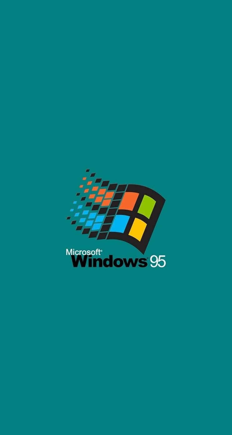 美學手機 桌布 壁紙 — 經典Windows 95標誌，以彩色像素化窗口設計為中心，置於青綠色背景上。