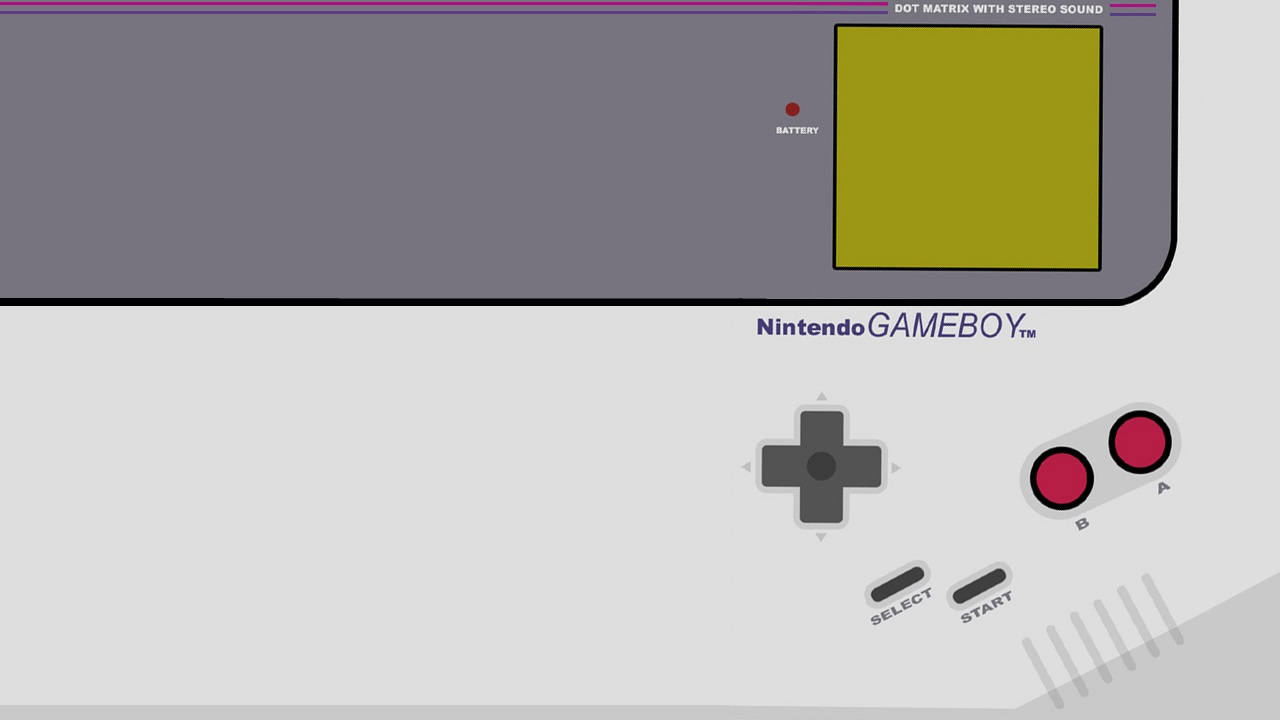 game 桌布 壁紙 — 經典任天堂GameBoy的極簡插圖，灰色機身、黃色螢幕和紅色按鈕。