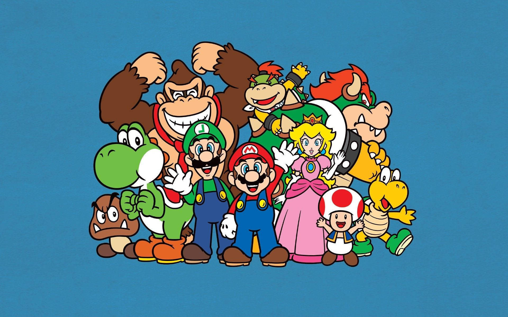 Mario And Luigi 桌布 壁紙 — 經典任天堂角色如瑪利歐、路易吉和碧姬公主在純藍色背景前愉快地擺姿勢。