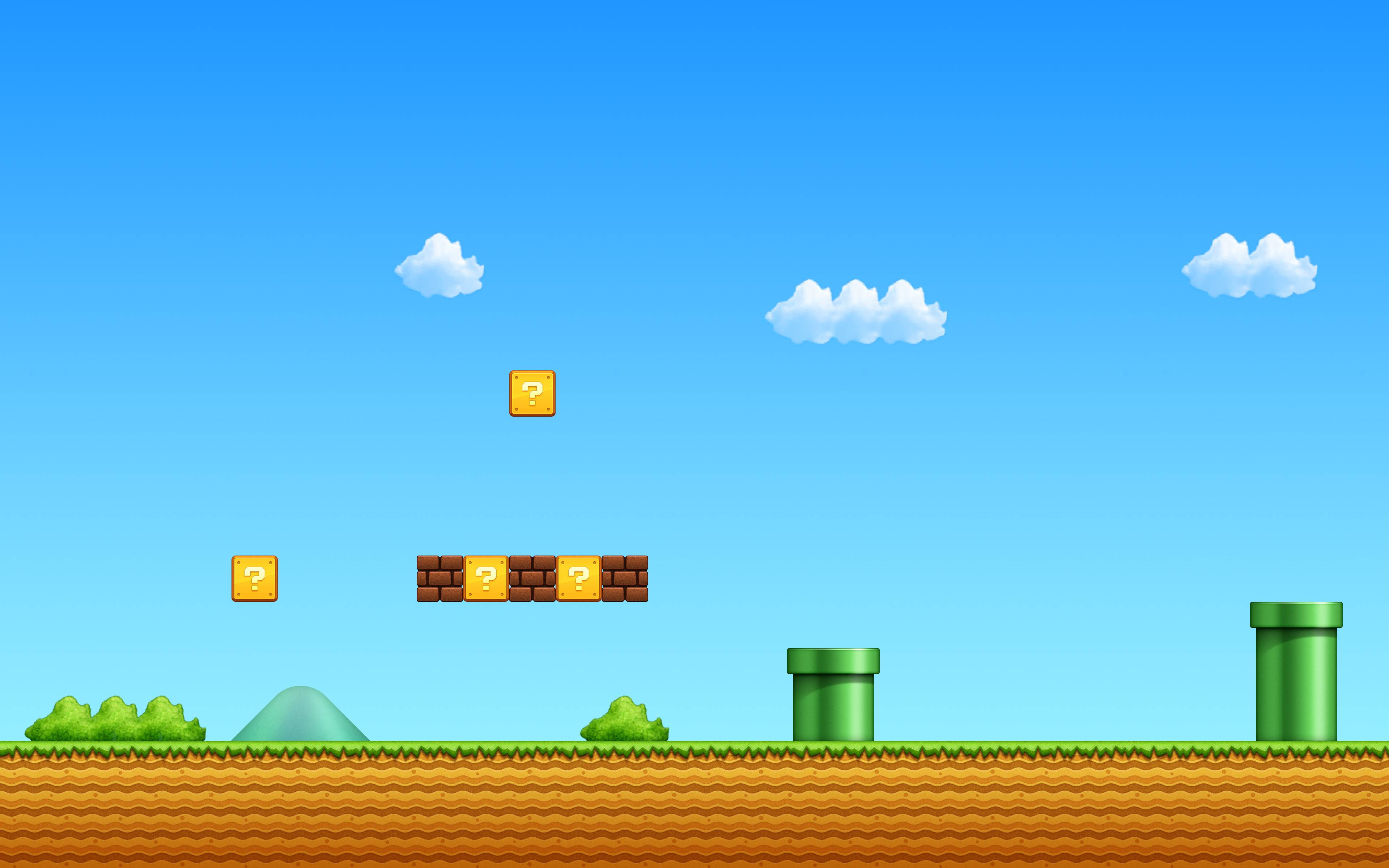 Windows 桌布 壁紙 — 經典像素化 Mario 遊戲關卡，有綠色管道、問號方塊和棕色磚塊平台，背景是晴朗的藍天。