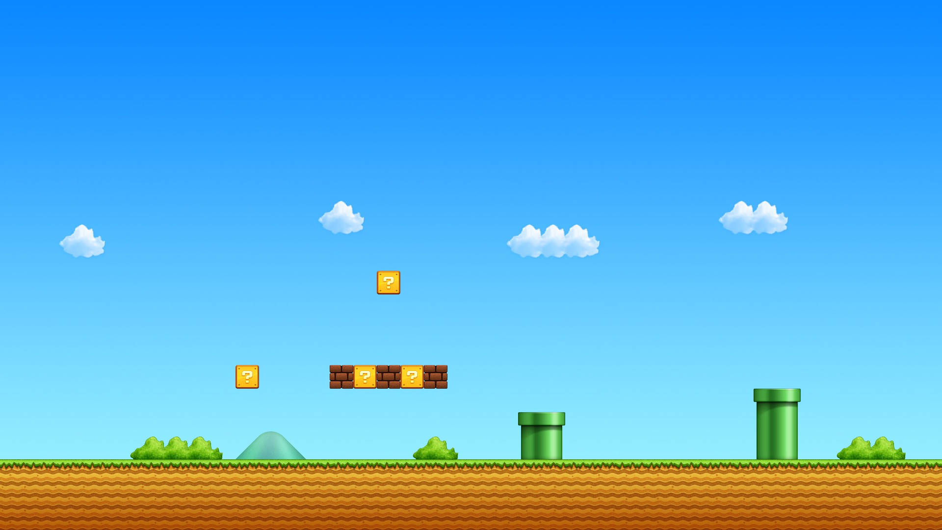 像素化 Mario 遊戲關卡，有管道、問號方塊和磚塊，在藍天下 — 8 位元 GIF 壁紙