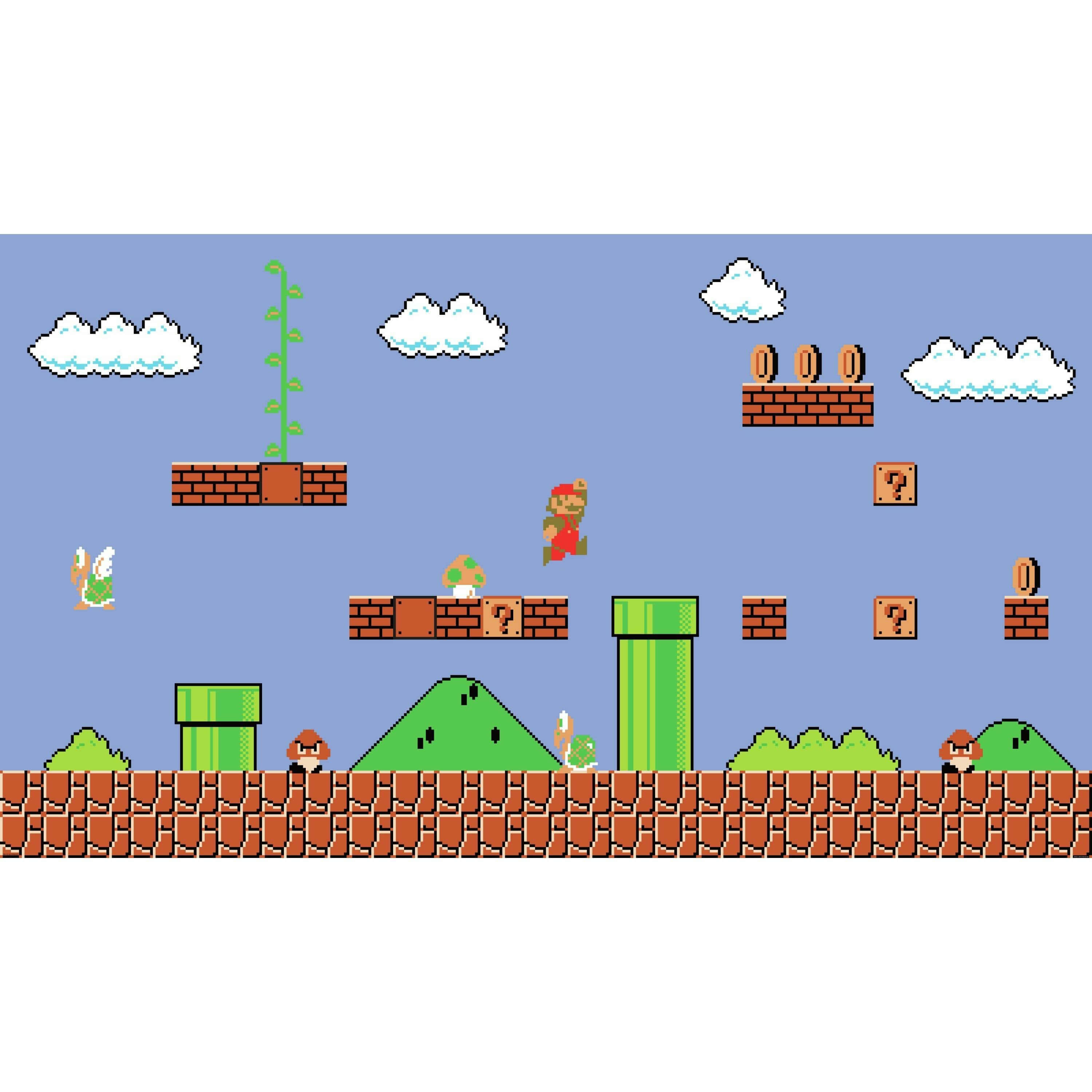 Mushroom Kingdom 桌布 壁紙 — 經典像素化瑪利歐在藍天白雲和綠色管道下跳過磚塊平台。