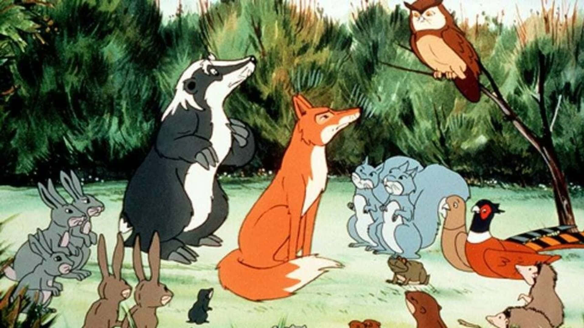 森林 桌布 壁紙 — 經典動畫場景，森林動物聚集在綠樹下的林間空地。