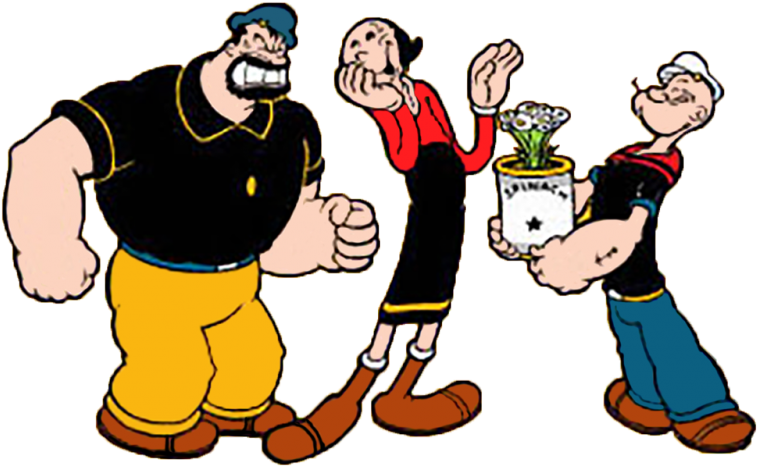 Cartoon Characters 桌布 壁紙 — 經典卡通三人組大力水手、奧莉芙和布魯托，大力水手拿著花盆，擺出動態喜劇姿勢。